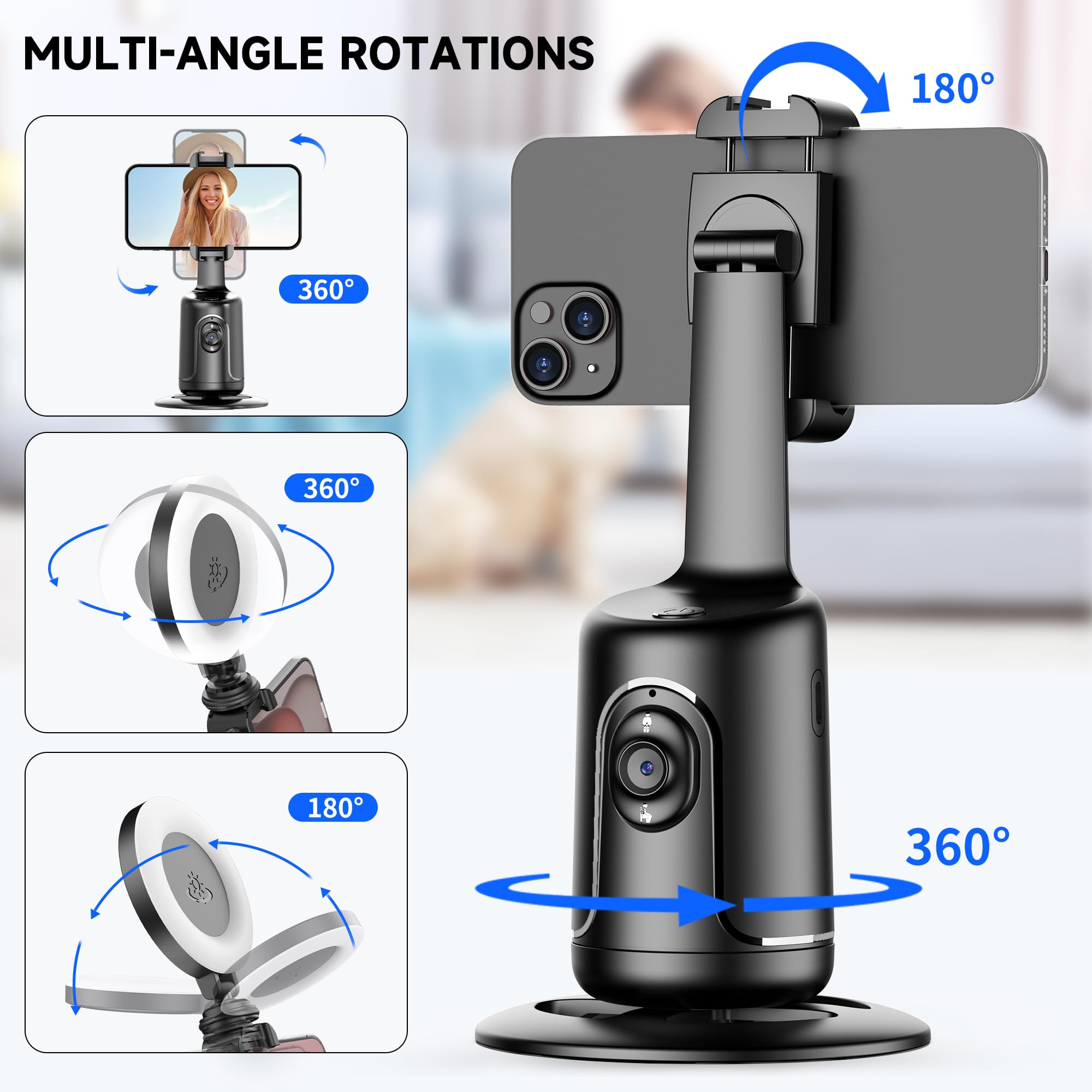 Auto Tracking Treppiede Smartphone con Luce Selfie, Supporto per Telefono Cellulare con Funzione di AI Tracciamento 360°del Viso e Telecomando, Stabilizzatore Gimbal Bastoni Selfie per iPhone/Android