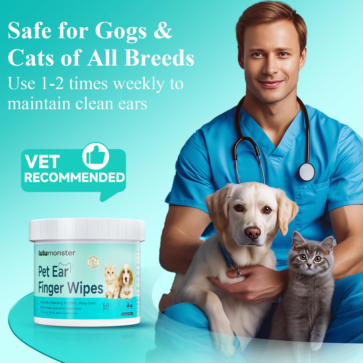 Dog & Cat Ear Cleaner Finger Wipes, Vet‑Recommended for Dog Ear Infection Relief, Itching & Inflammation, Remove Wax Dirt, Stop Smelly, Non‑Irritating, 50ct (Coconut Scent) - image 7