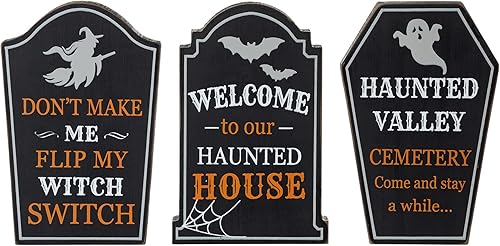 Glitzhome Juego de 3 tableros de madera para decoración de mesa de Halloween de 7 pulgadas de alto, letrero de madera de Halloween con refranes,