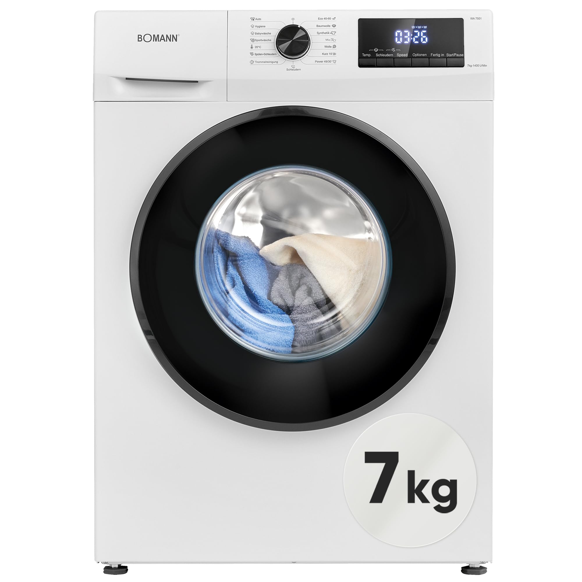 Bomann® Waschmaschine 7kg | 10 Jahre Motor-Garantie | Invertermotor - effizient, leise & langlebig | inkl. Aqua-Stop | max. 1400 U/min | 15 Programme | LED-Display | Washing Machine | WA 7501 weiß