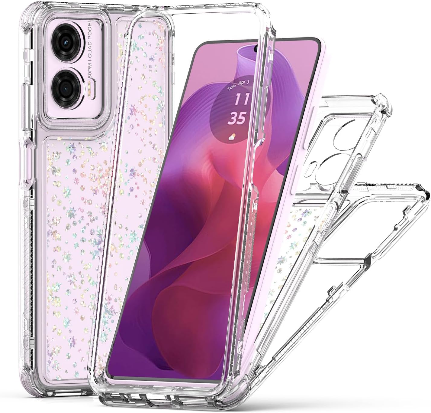 Glitter 3-in-1 ケース Motorola Moto G04用、ソフトタッチ、レーザーペーパー かわいい キラキラ グリ