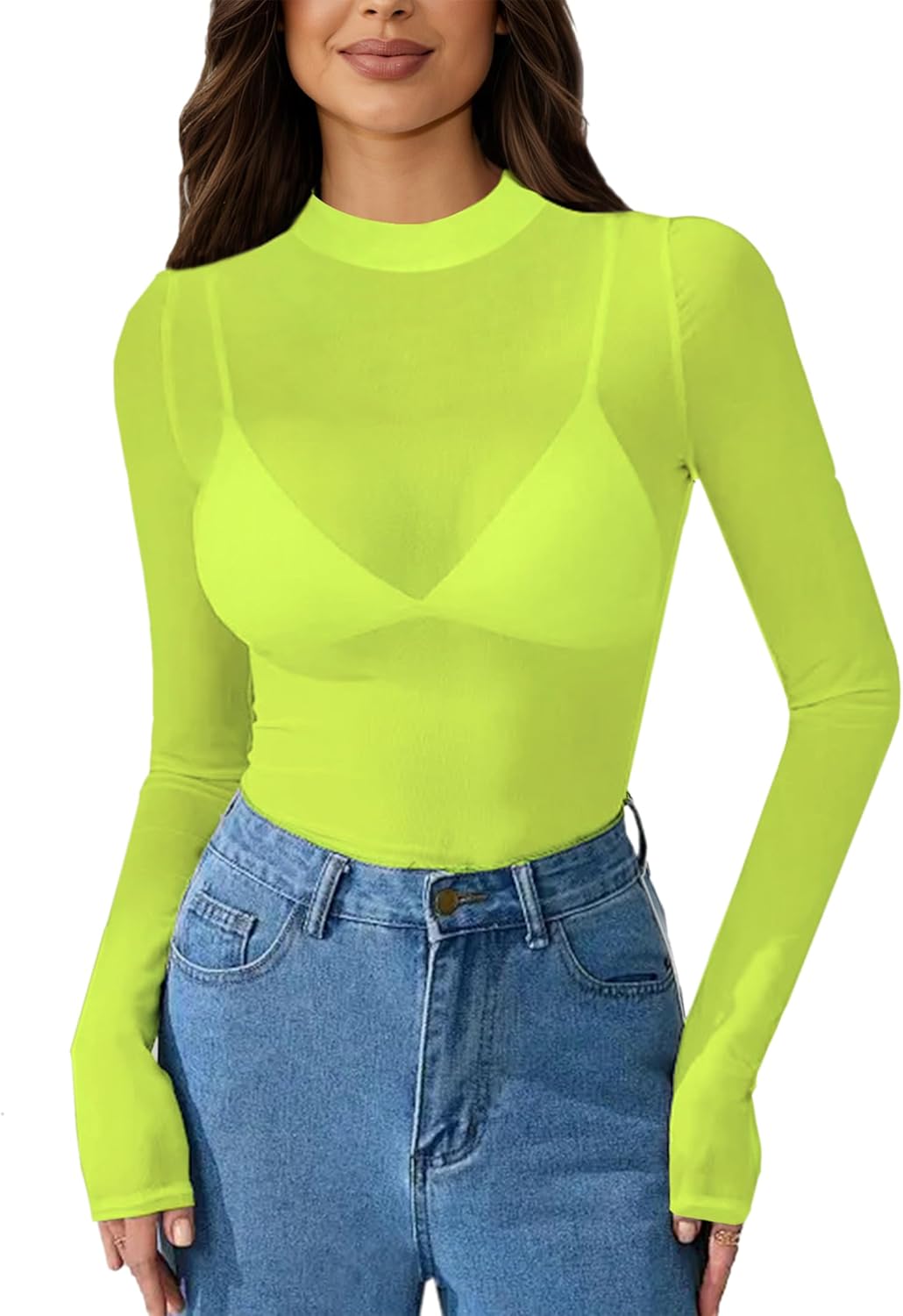 BemorRun Floral Mesh Long Sleeve Tops for Women Mock Neck See Through Fitted Sexy Going Out Top