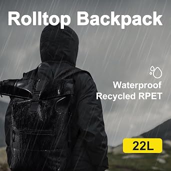 GYakeog Zaino Impermeabile Uomo Rolltop 15.6 Pollici Porta PC Lavoro Zaino da Viaggio per Viaggio Escursionismo Campeggio Università-Nero