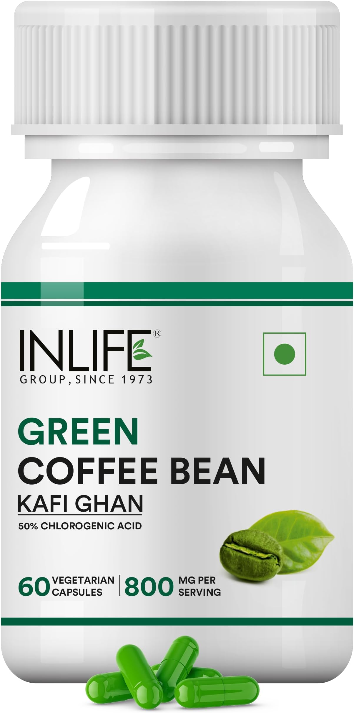 INLIFE Green Coffee Beans Extract Capsules | With 50% Chlorogenic Acid | Ayurvedic Herbal Supplement - 800mg - 60 Vegetarian Capsules (Pack of 1, 60)