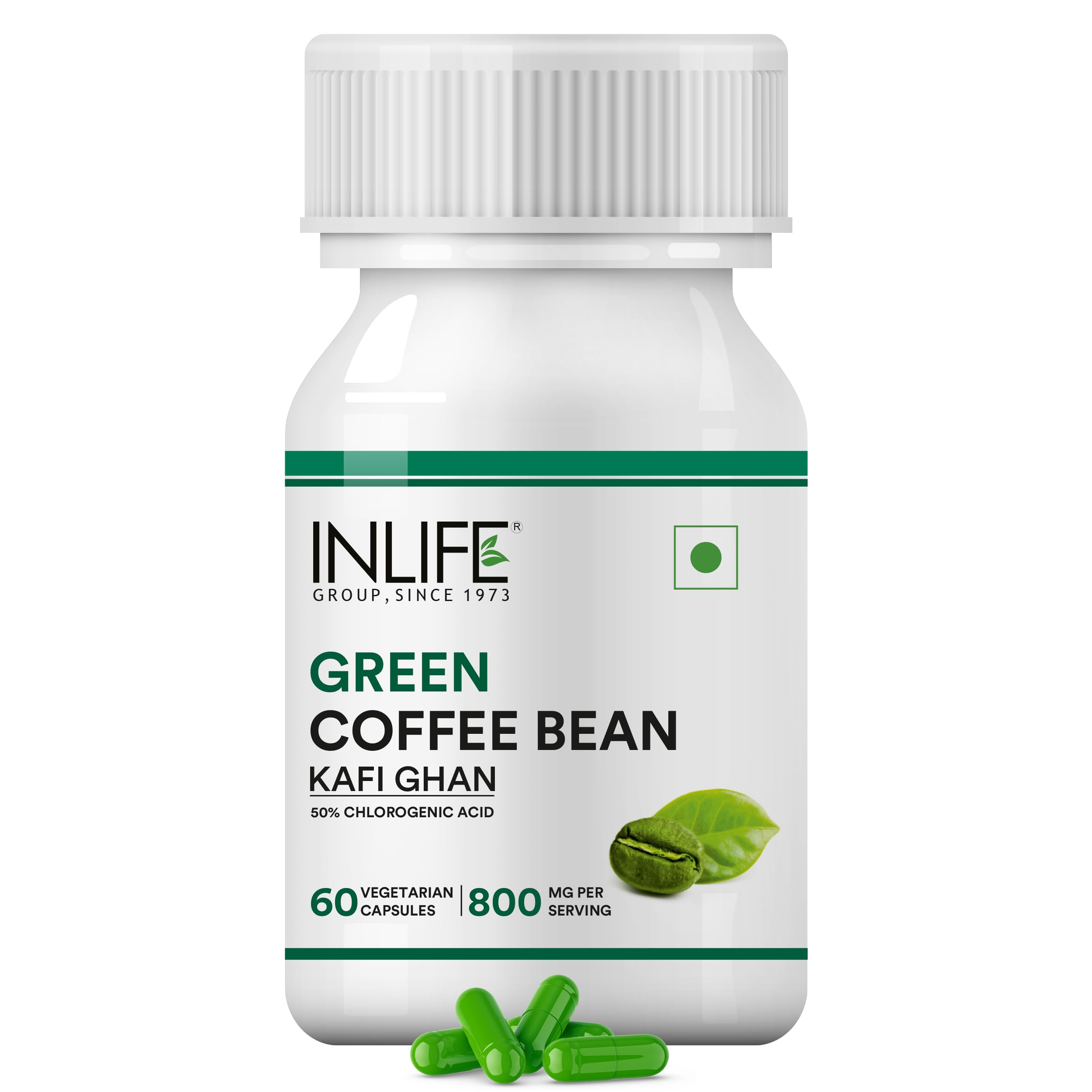 Green Coffee Beans Extract Capsules | With 50% Chlorogenic Acid | Ayurvedic Herbal Supplement - 800mg - 60 Vegetarian Capsules (Pack of 1, 60)