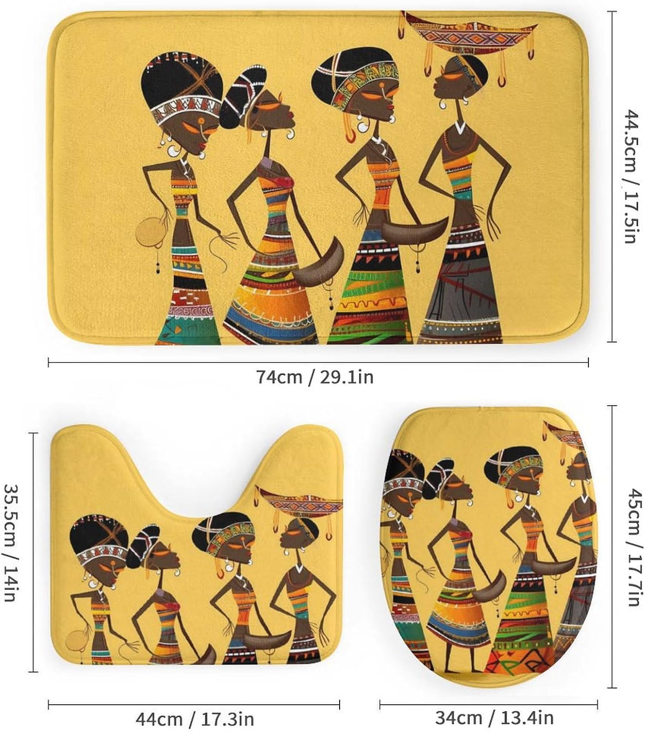 4 Pcs Creative African Culture Bathroom Set with Bath Mat, Shower Curtain with 12 Hooks, Anti-Slip U Shape and Toilet Lid Cover for Bathroom Decor