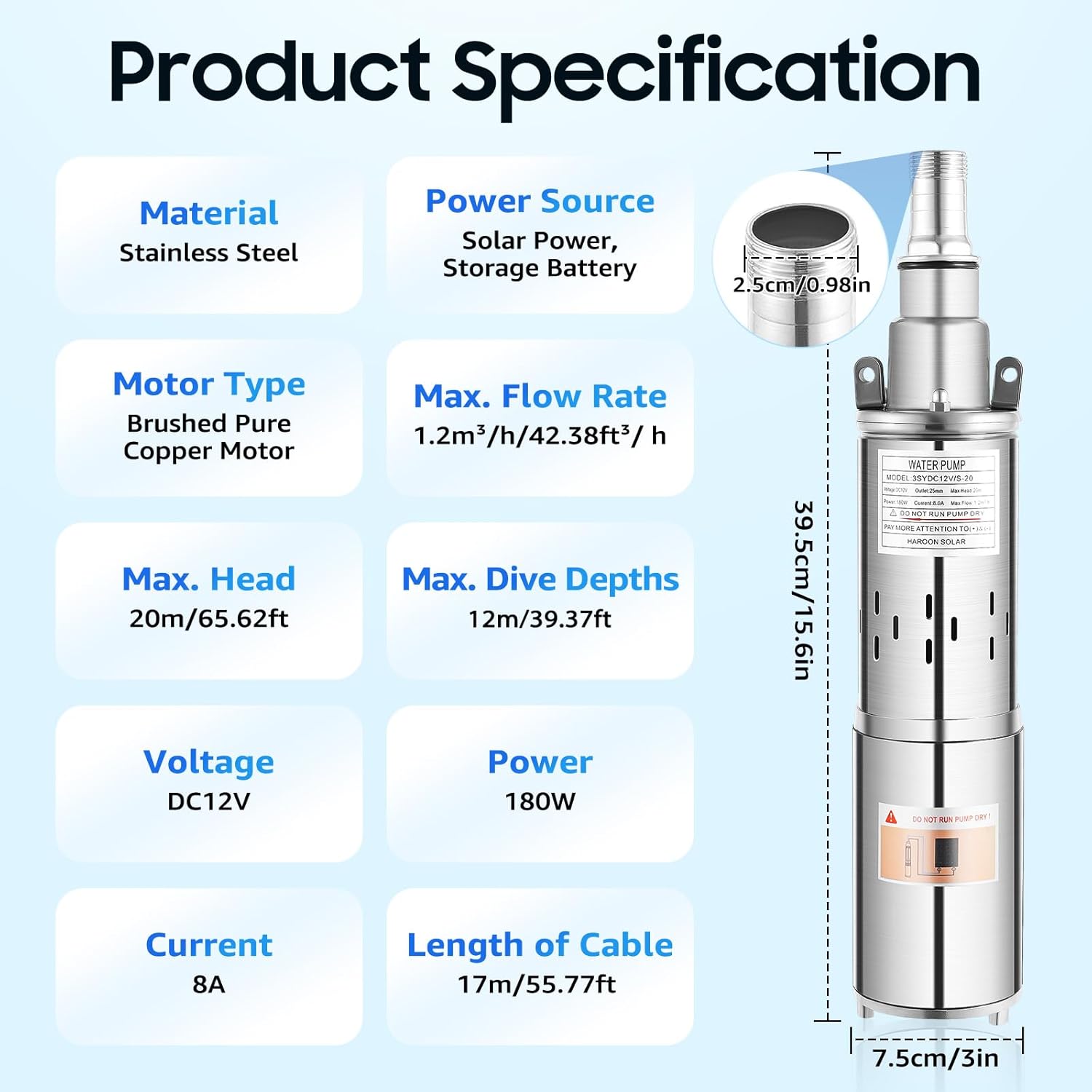 Deep Well Submersible Pump, DC 12V 180W Solar Water Pump Stainless Steel Submersible Pump with Max Head 66 ft for Industrial, Irrigation & Home Use