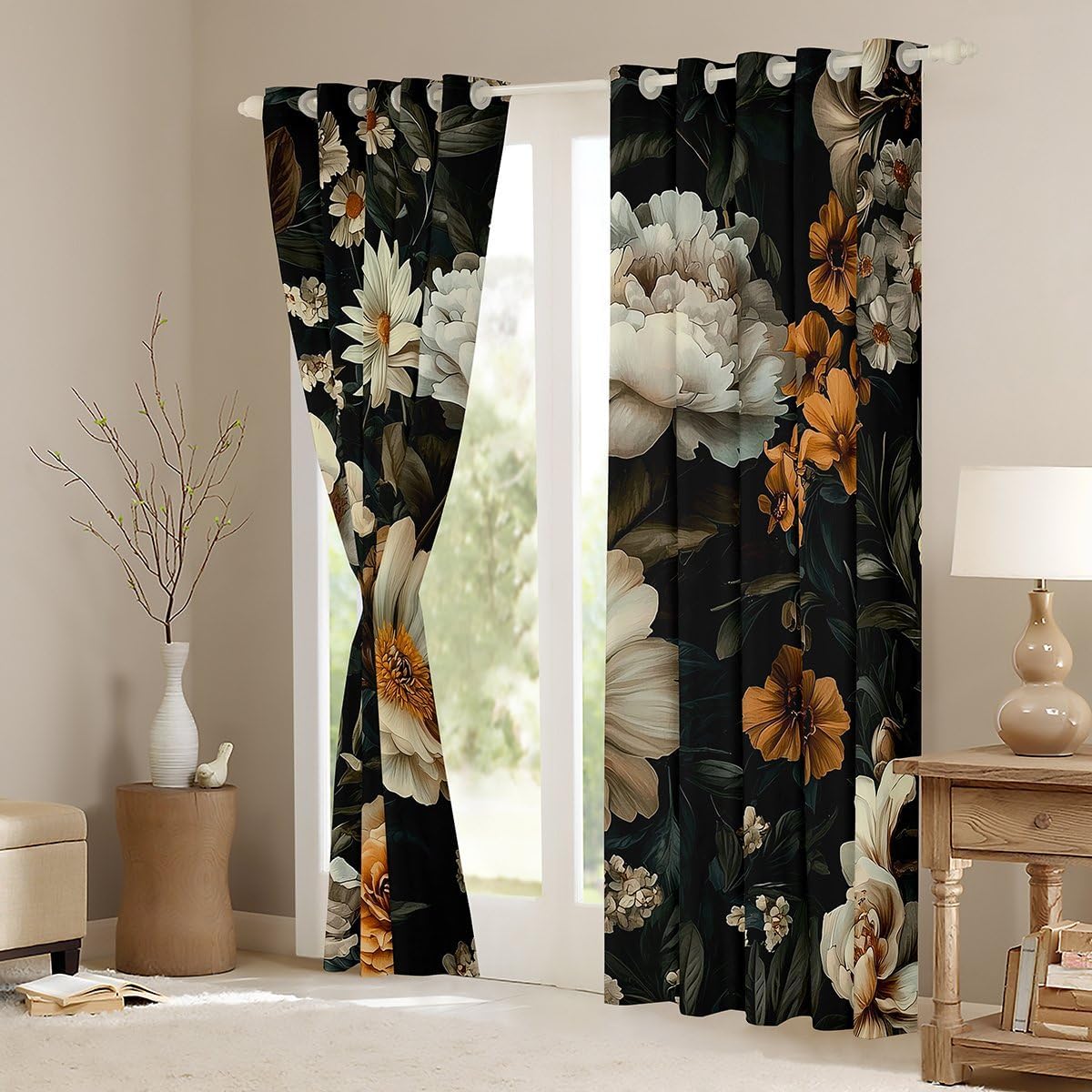 Erosebridal Floral Blackout Curtains Vintage Daisy Peony Flowers Window Curtains 2 Panel Sets 38" Wx45 L Boho Dark Floral Window Treatments Drapes for Bedroom/Living Room Chic Flowers Decor