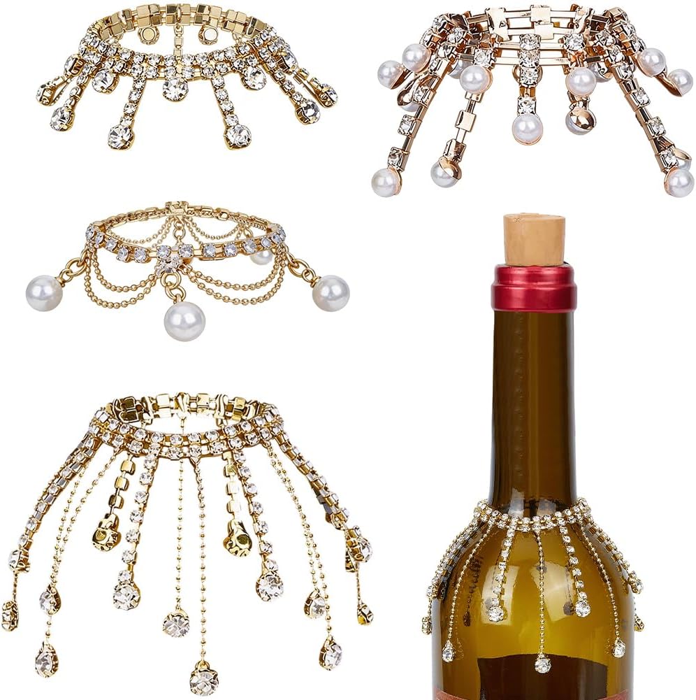 GORGECRAFT 4 Styles Wine Bottle Cover Fringe 4.72 Inch Golden Rhinestone Wine Bottle Tassel Short Chain Jewel Tassel with Crystal Pearl Pendent for Wedding Dinner Party Banquet Barware Decoration