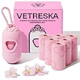 VETRESKA Dog Poop Bag Dispenser with Cherry Blossom Scented Poop Bags, Leak Proof and Extra Thick Pet Waste Bags, 1 Poop Bag Holder and 105 Bags for Dog Walking and Cats Litter, Pink