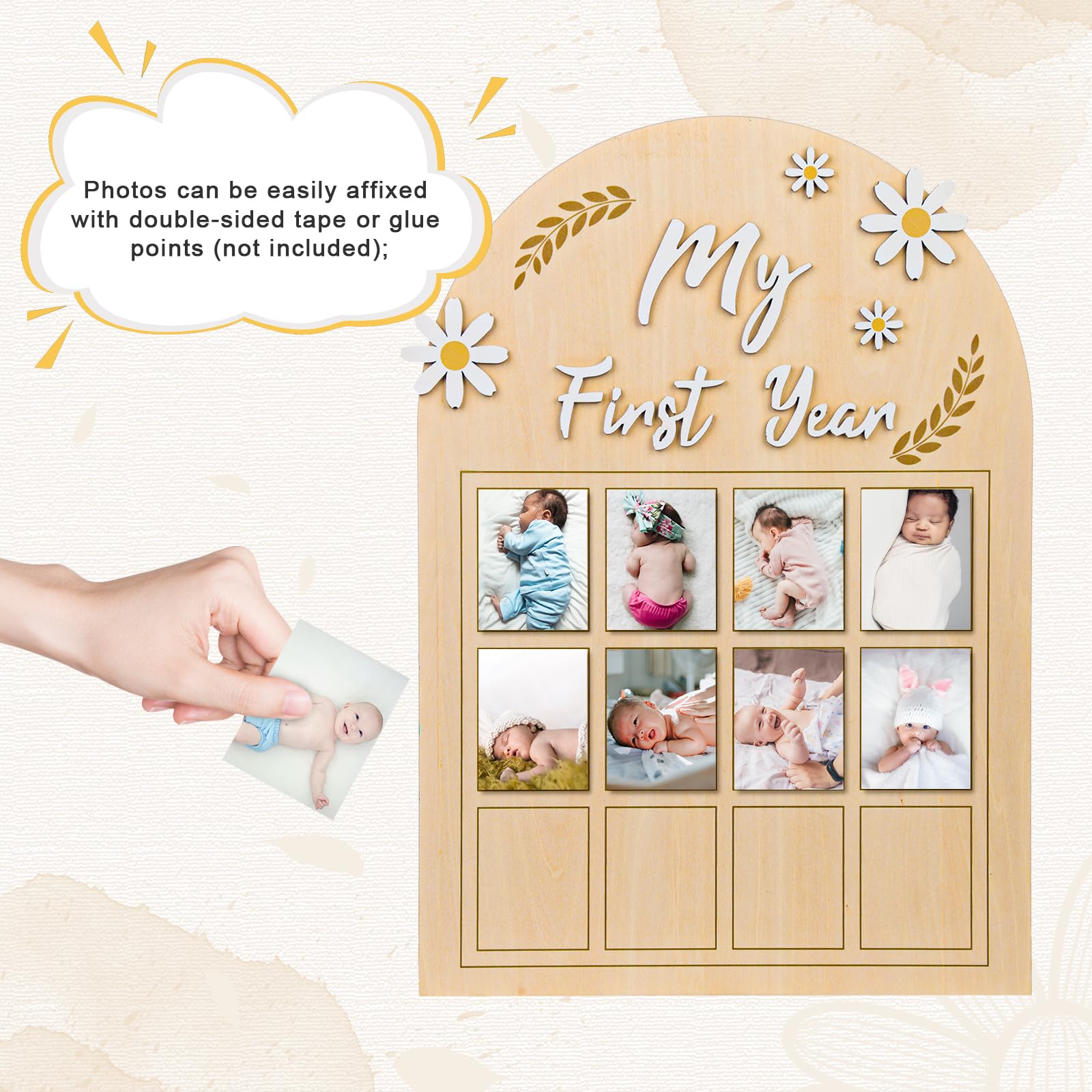 NQEUEPN Cadre Photo ma Première Année, Fleur Marguerite 3D Affichage Photo de Première Année Bébé Bannière Photo Mensuelle Planche Bois 12 Mois Cadeau pour Nouveau-Né Souvenirs du 1er Anniversaire