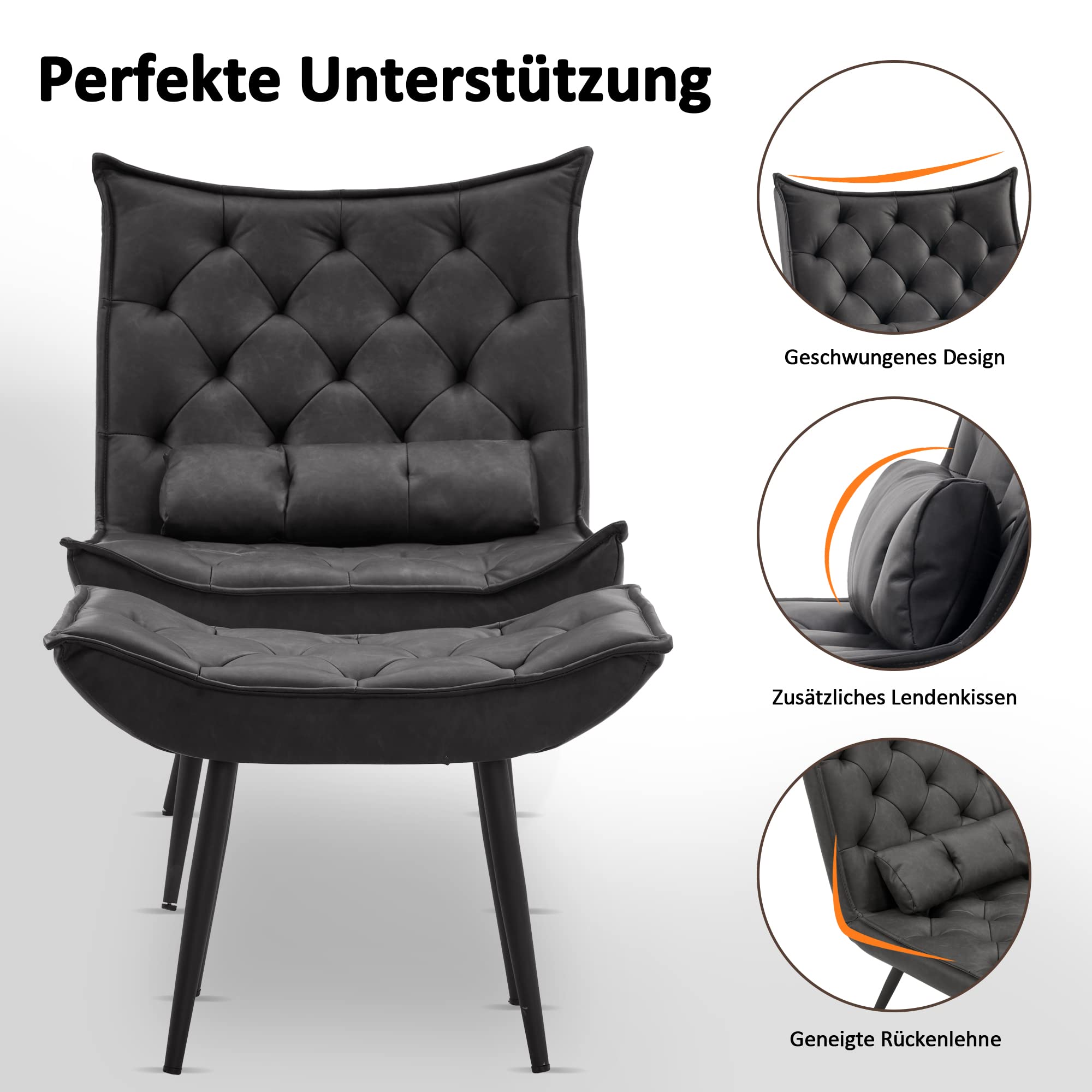 MCombo Sessel mit Hocker, moderner Relaxsessel mit Taillenkissen für Wohnzimmer, Retro Vintage Lesesessel Loungesessel Stuhl Polstersessel 4778(Dunkelgrau-Kunstleder)