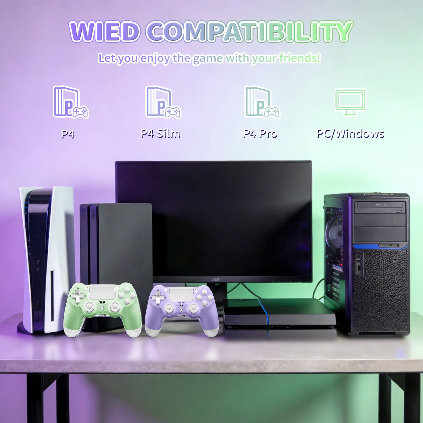 Wireless Controller for PS-4, Game Controller for PS-4/Slim/Pro/PC, Bluetooth Gamepad Joystick with Vibration Touch Panel, Upgraded Six-Axis Sensor, 3.5mm Audio Jack (Light Purple+Light Green) — view 6