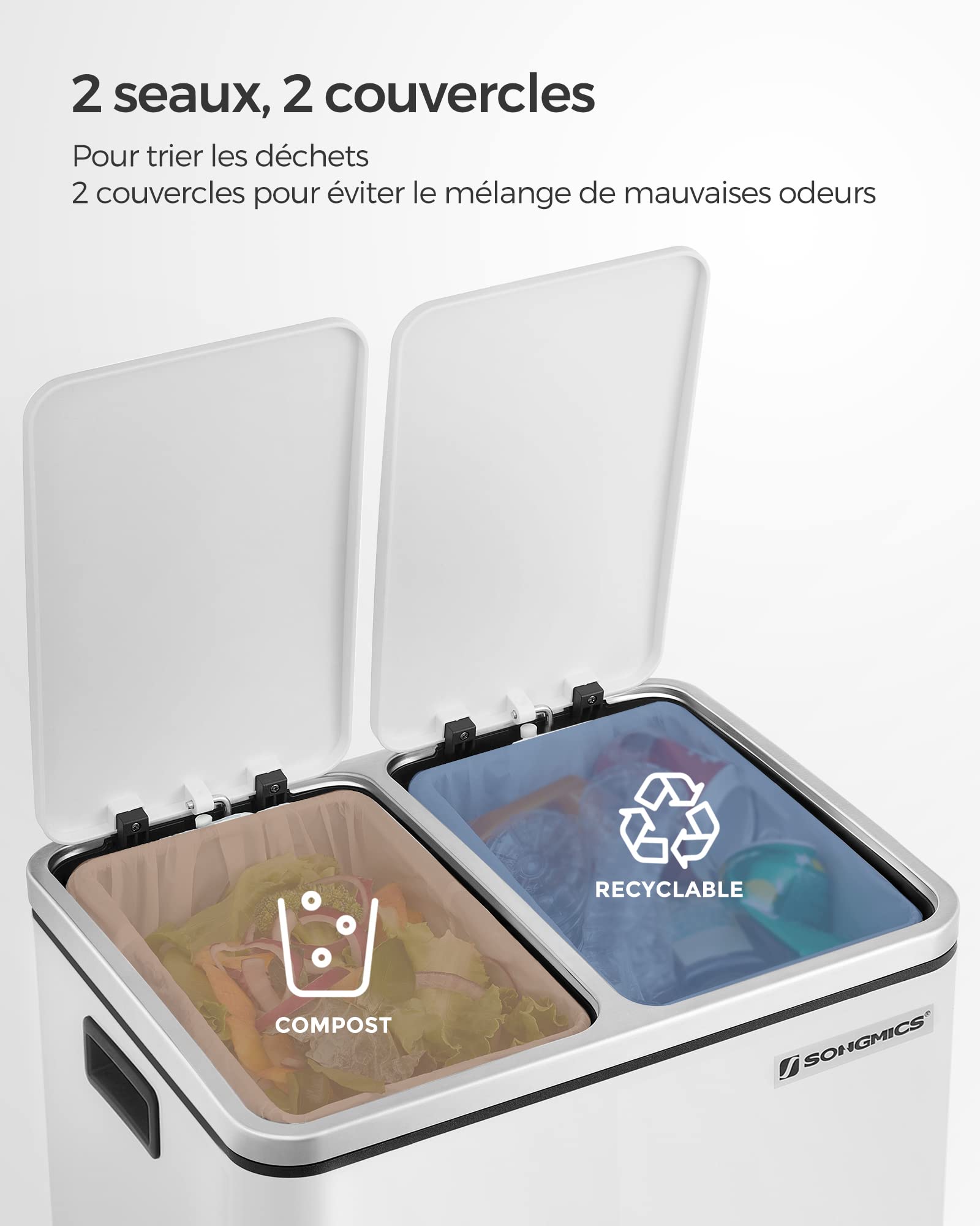 Poubelle De Cuisine Double 2x20L - Acier Inoxydable Anti-traces, Pédale, Couvercle Amorti, Seaux Amovibles, Avec 20 Sacs Fournis