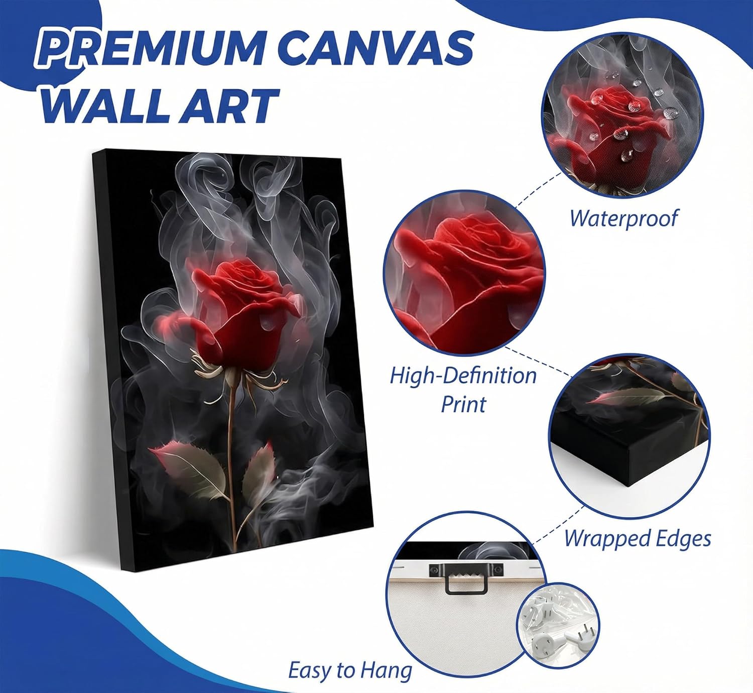 Romantic Red Rose Canvas Wall Art Abstract Smoke Rose Wall Decor Picture Modern Flower Poster Print Printing for Living Room Bedroom Bathroom Decoration Ready To Hang