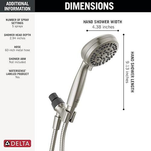 Miniatura 3 de DELTA FAUCET 75511SN - Cabezal de ducha de mano con componentes universales, cabezal de ducha de mano de 5 ajustes, cabezal de ducha de níquel