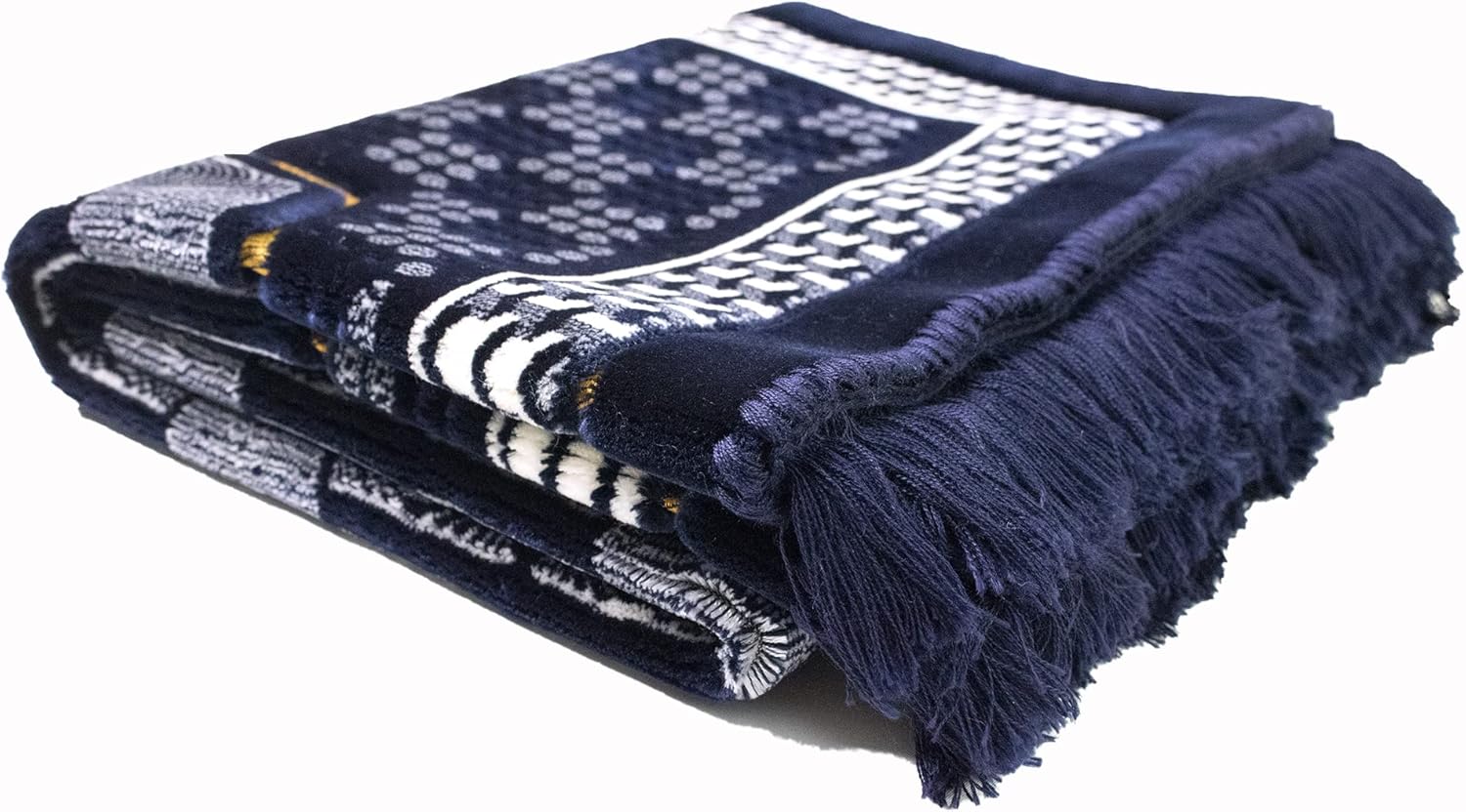 Modefa Turkish Islamic Velvet Prayer Rug - Thick Wide Soft Praying Carpet for Men & Women - Double Plush Large - Eid & Ramadan Gift with Kufi Beads & Car Hanger - Geometric Noor (Dark Blue)