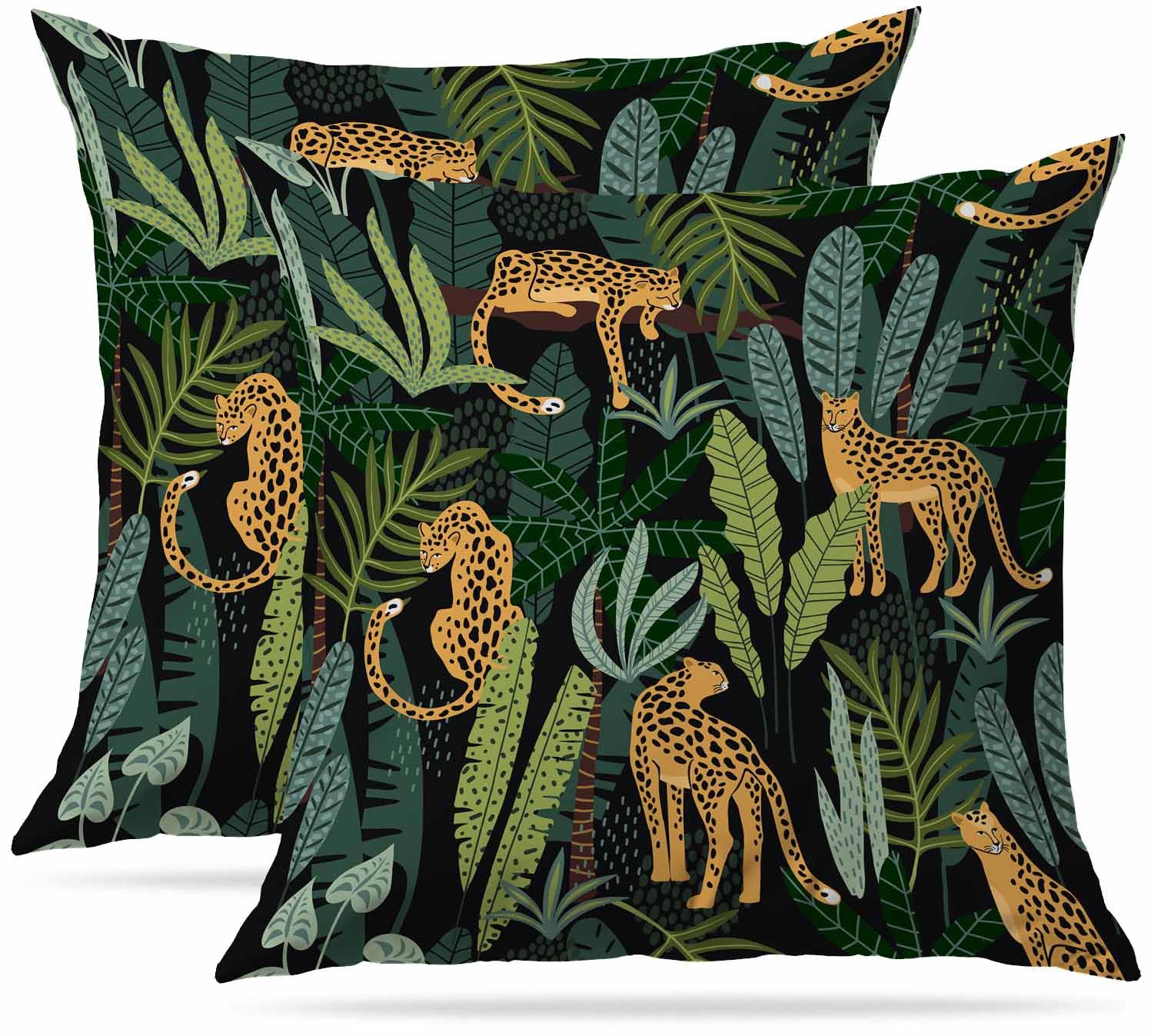 Zovinex Leopards And Tropical Leaves Cushion Covers 45 X 45 Cm Set Of 2 Soft Short Plush Decorative Square Throw Pillow Case Pillowcases For Sofa Bedroom Outdoor Home Office Car Decor With Invisible Zipper