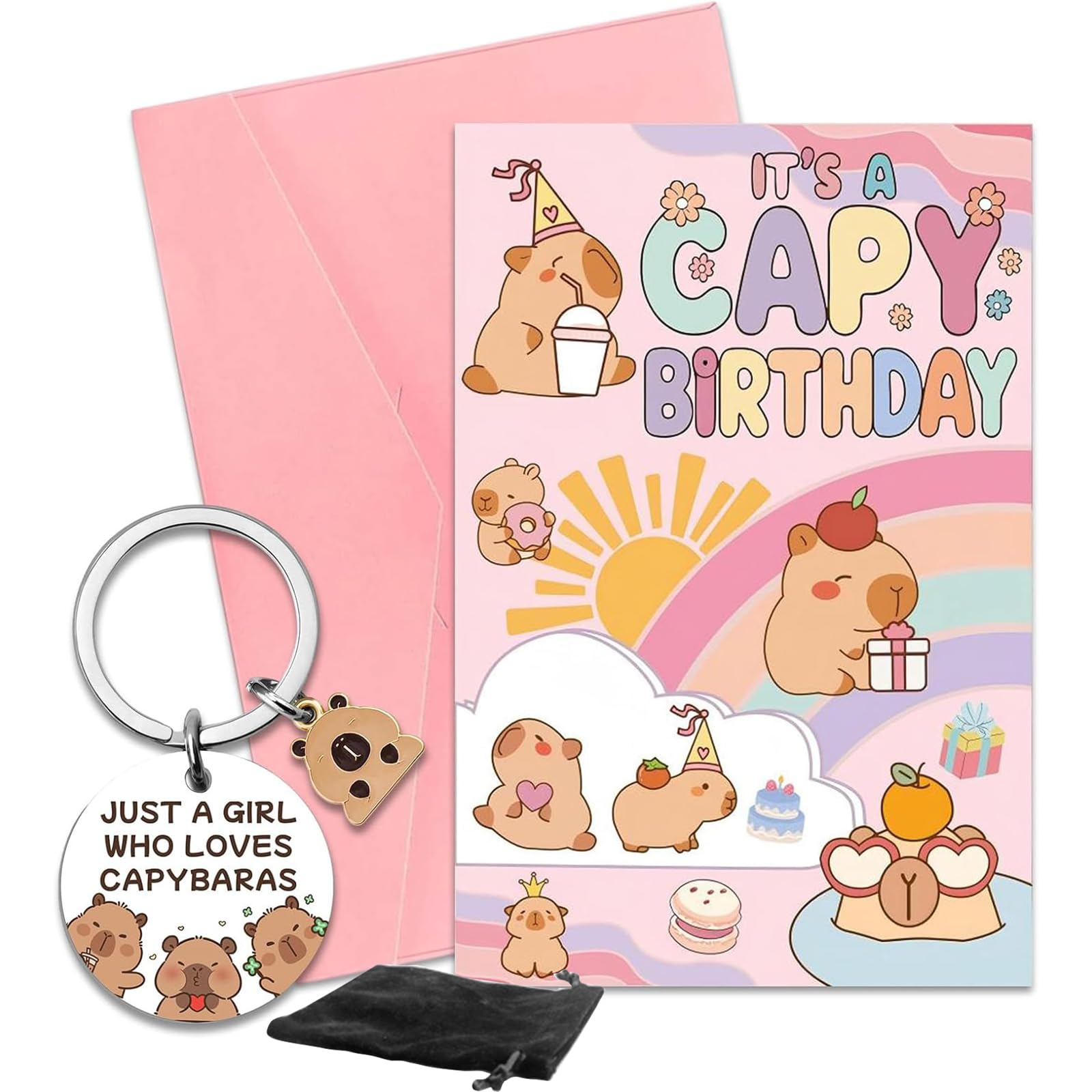4Pcs Cute Capybara Birthday Card, Personalised Birthday Cards with Envelope & Drawstring Bag, Funny Animal Greeting Card Personalised Keyring, Capybara Happy Birthday Gifts for Animal Lover