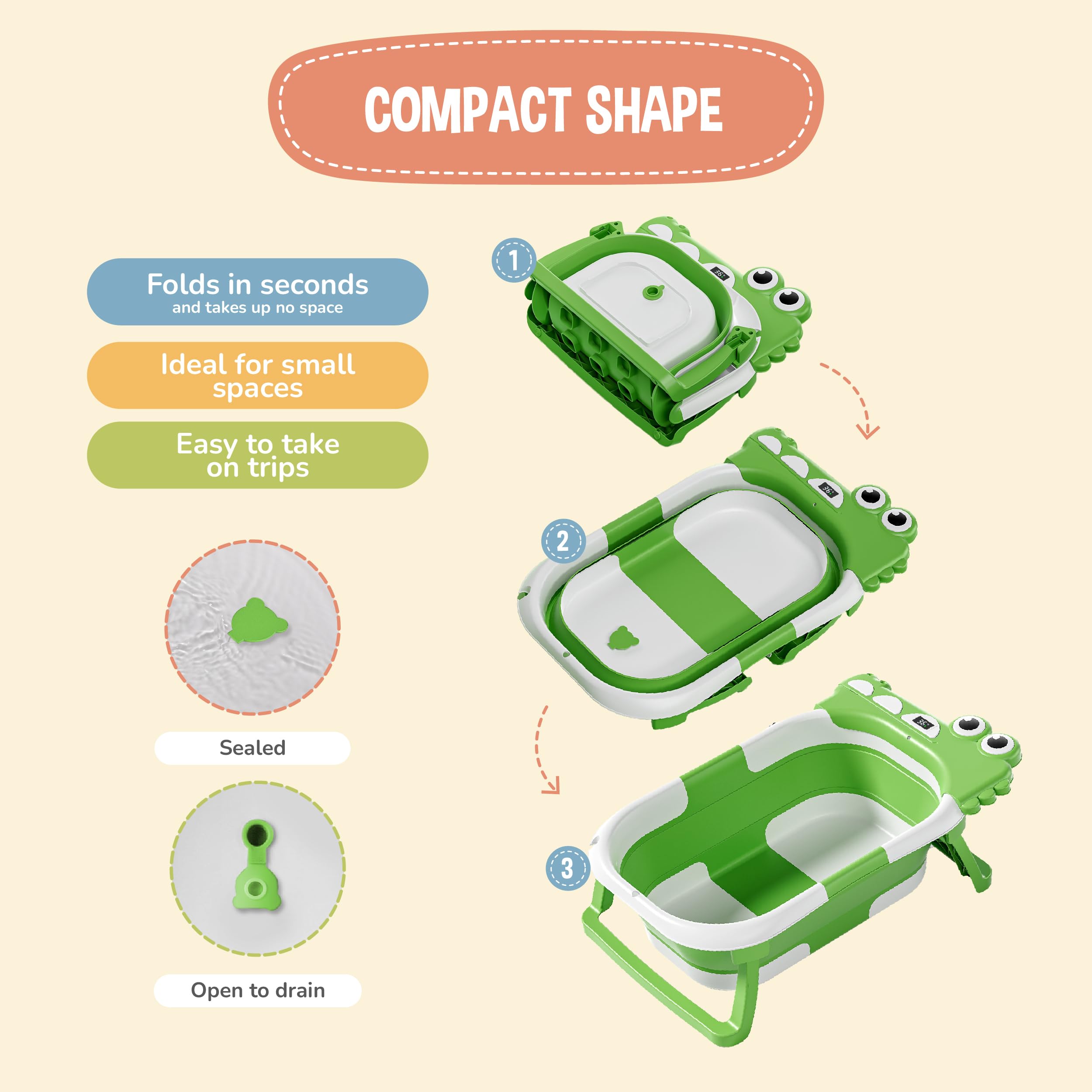 Vasca da bagno pieghevole con cuscino da bagno e termometro incorporato, vasca da bagno per bambini con supporto vasca da bagno in omaggio, ideale per regalo di nascita, ragazza o ragazzo, dalla