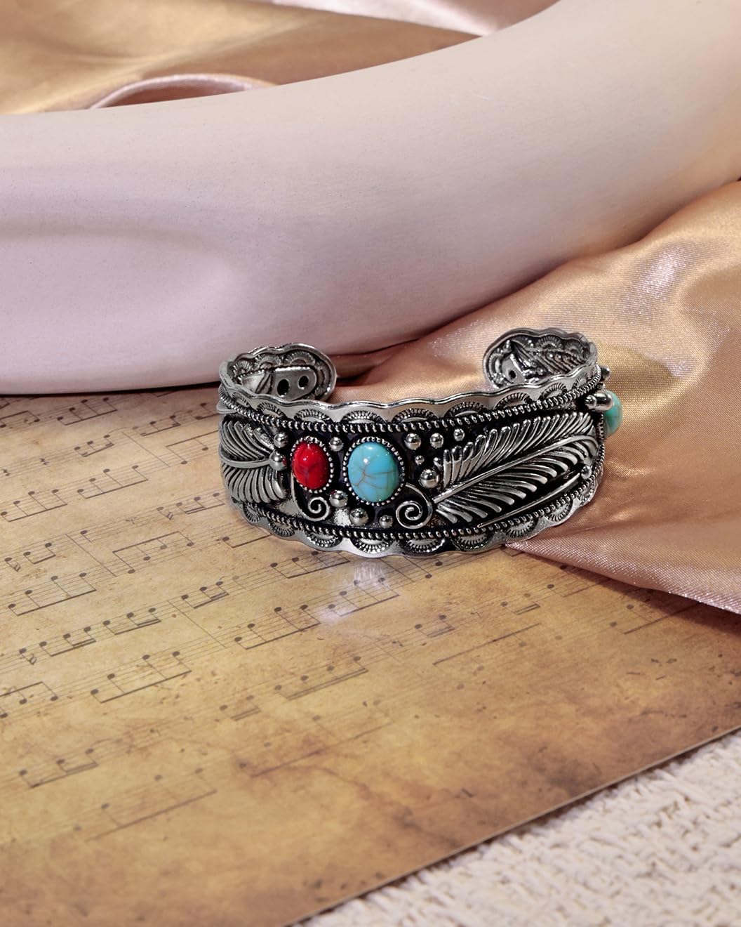 Turquoise Feather Cuff Bracelet for Women - Western Style Silver Adjustable Bracelet with Red Gemstone Accents, Vintage Southwest Boho Jewelry Gift for Cowgirl Festival Daily Wear