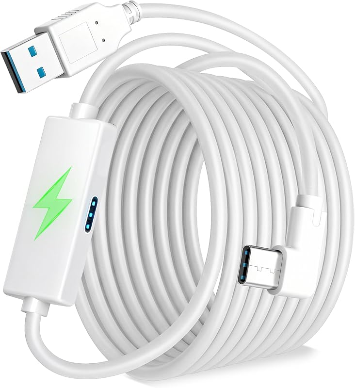 Design 16FT Link Cable for Quest 3S/3, Quest 2, Quest Pro, with Separate Charging Port for Uninterrupted Power, USB 3.0 Type A to C Cable for VR Headset Accessories and Gaming PC, White
