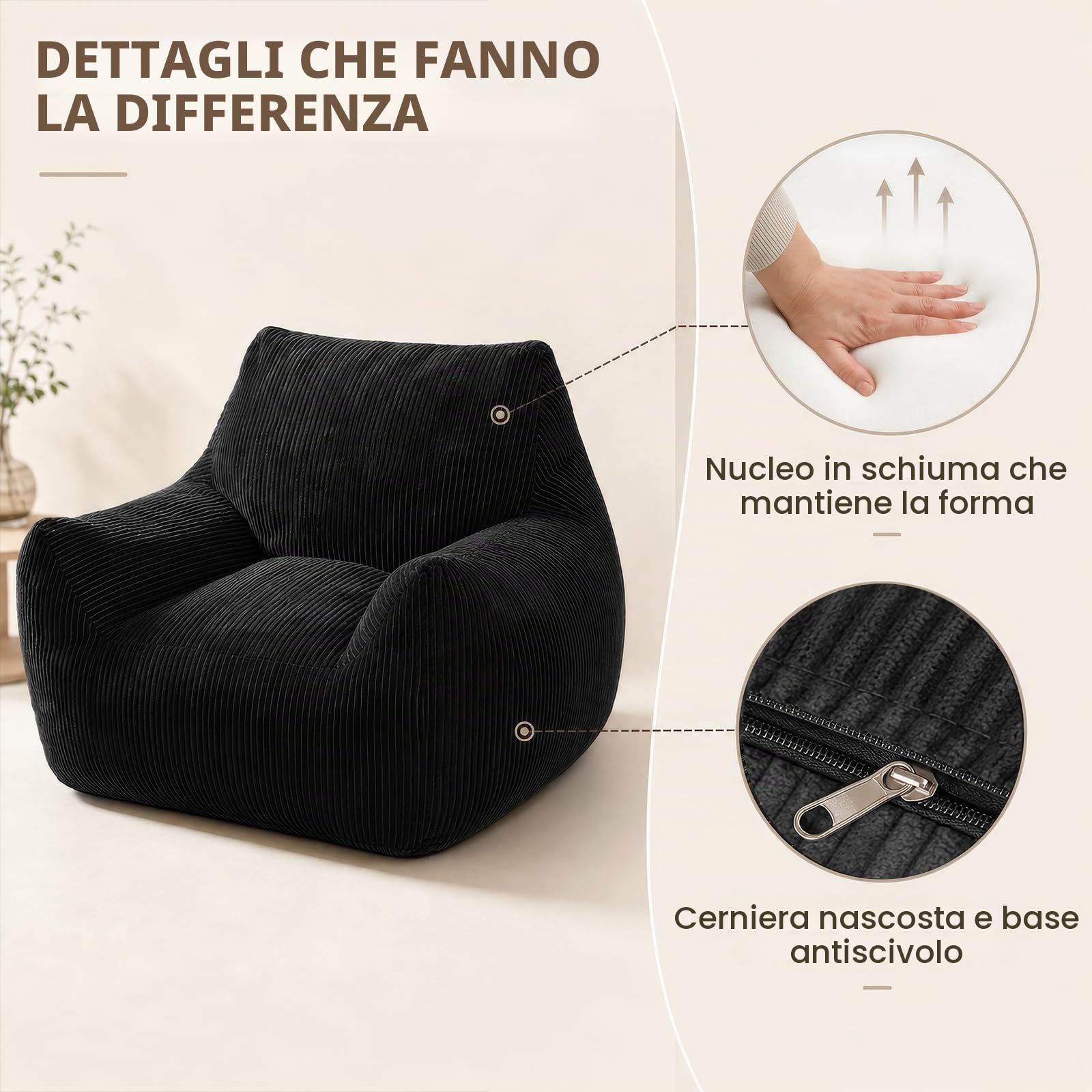 Pouf per adulti con imbottitura, poltrona in velluto con schienale, grande poltrona per videogiochi e sedia da terra per soggiorno, camera da letto e camera per ragazzi, 80 x 73 x 80 cm, colore nero