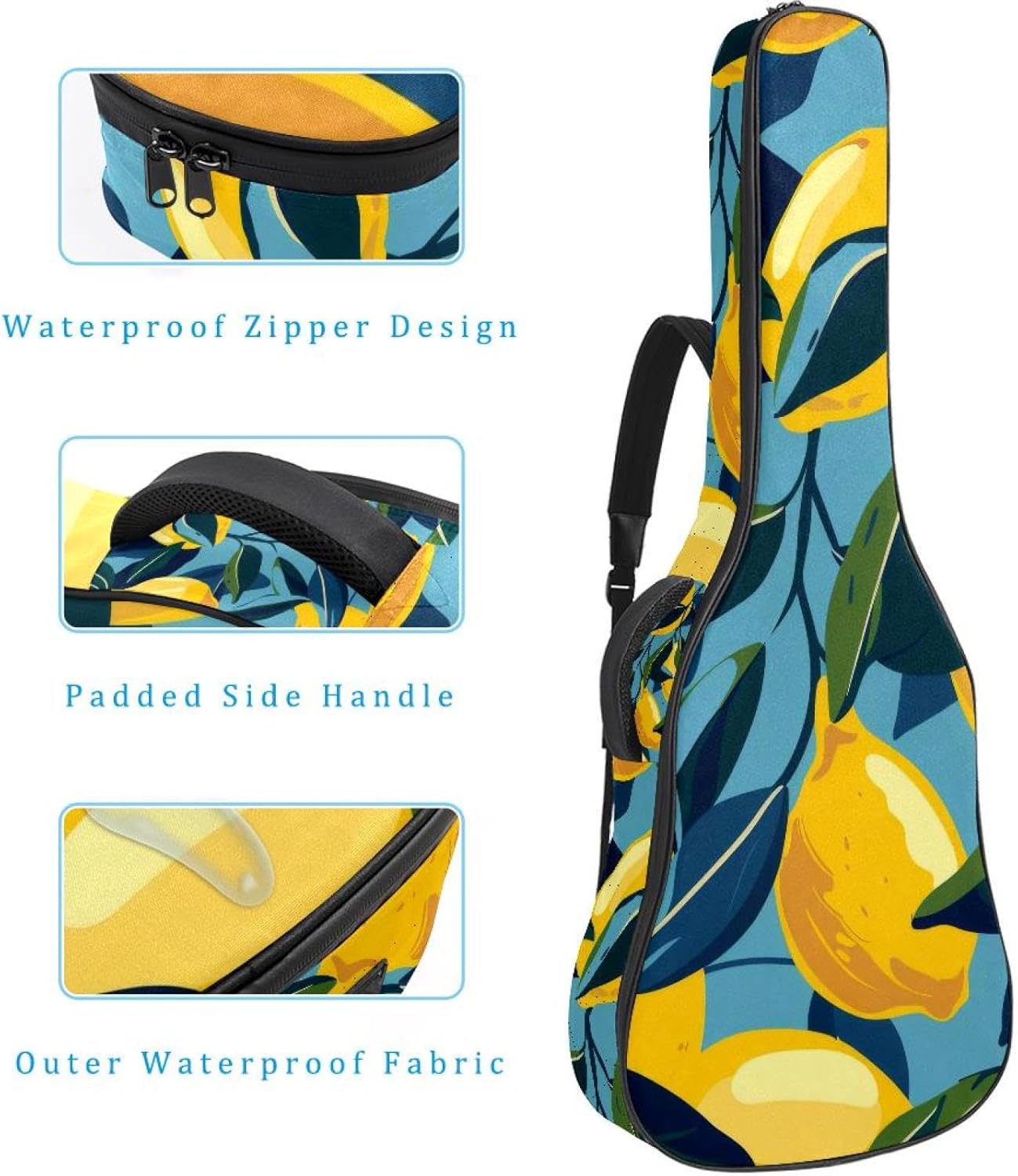 Lemons Fruits Summer Background Acoustic Guitar Gig Bag, 1 cm Thick Padding Waterproof Guitar Bag Backpack for 40 41 42 Inch Electric Bass Classical Guitars