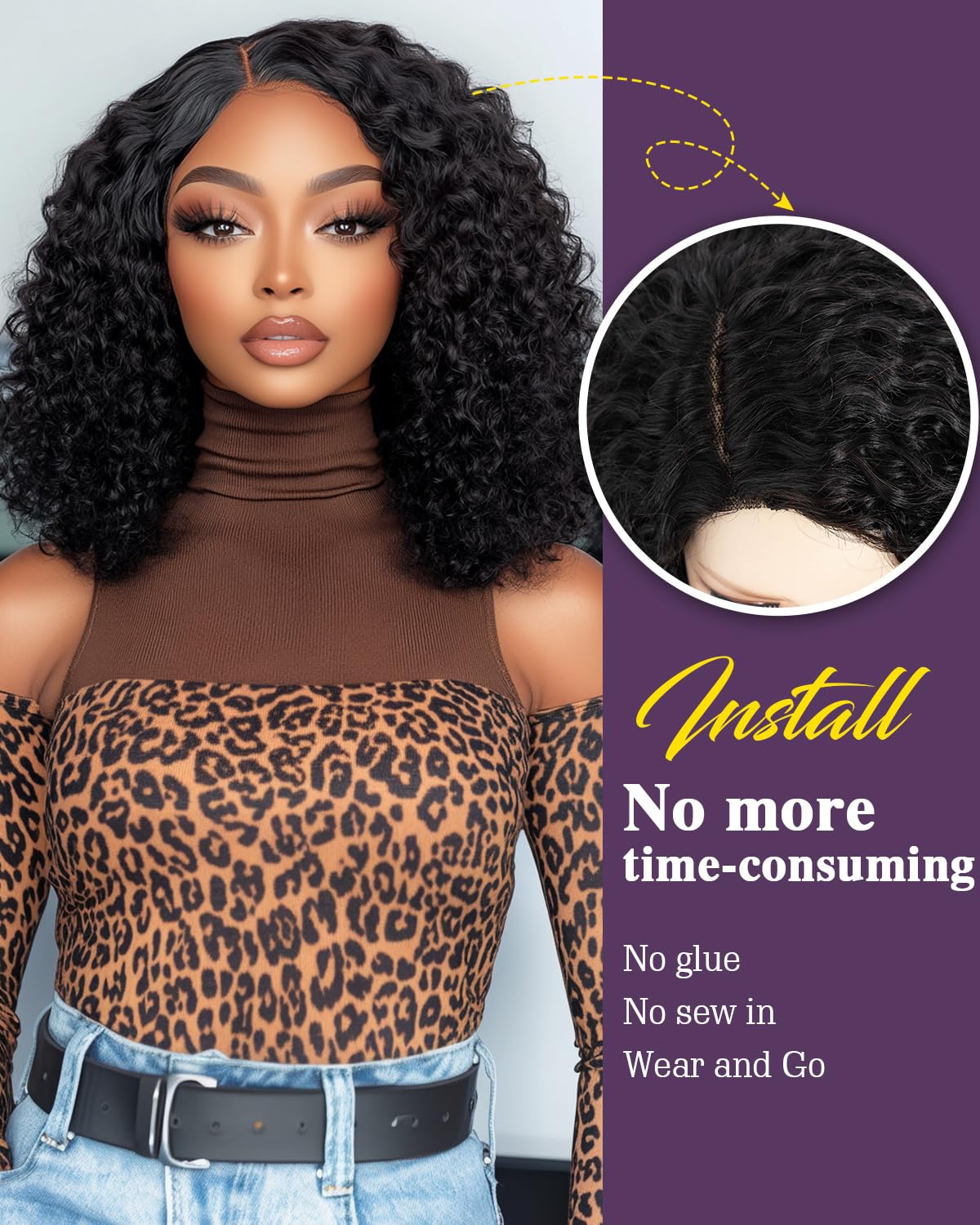 FASHION IDOL Short Curly Bob Human Hair Wig Precut Preplucked Glueless Wear and Go C-Type Part Lace Wig 200% Density Upgraded Invisible Secret Glueless Human Hair Ready to Wear Wigs - Image 3