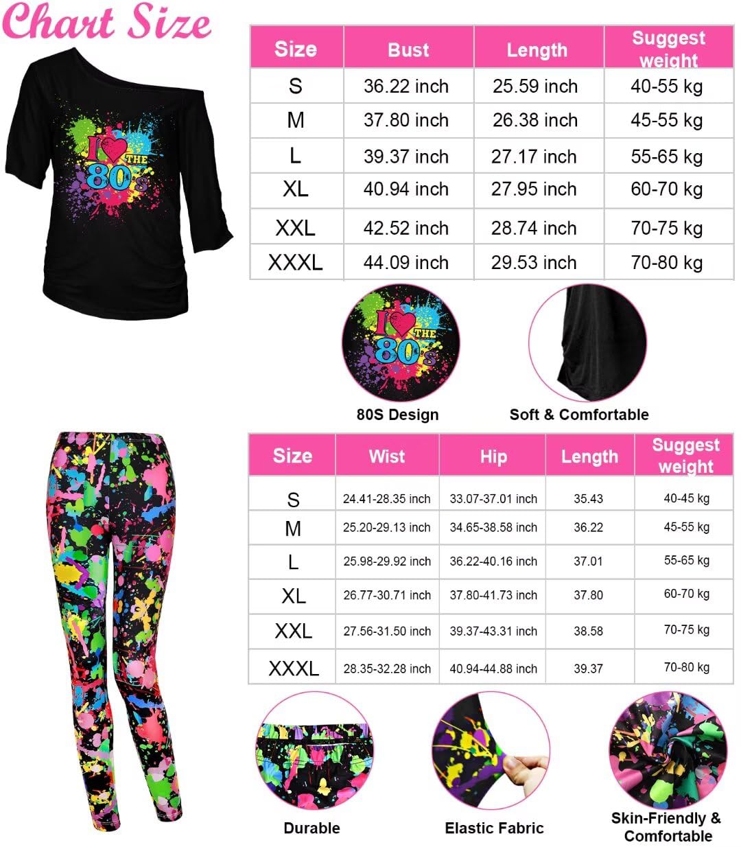 WlLDPARTY 80er-Jahre-Kostüm-Zubehör-Set für Damen, T-Shirt, Leggings, Tutu, Rock, Bauchtasche, Stirnband, Ohrringe, Halskette, Netzhandschuhe, Beinstulpen, 80er-Jahre-Party-Outfits (Leggings, bunt