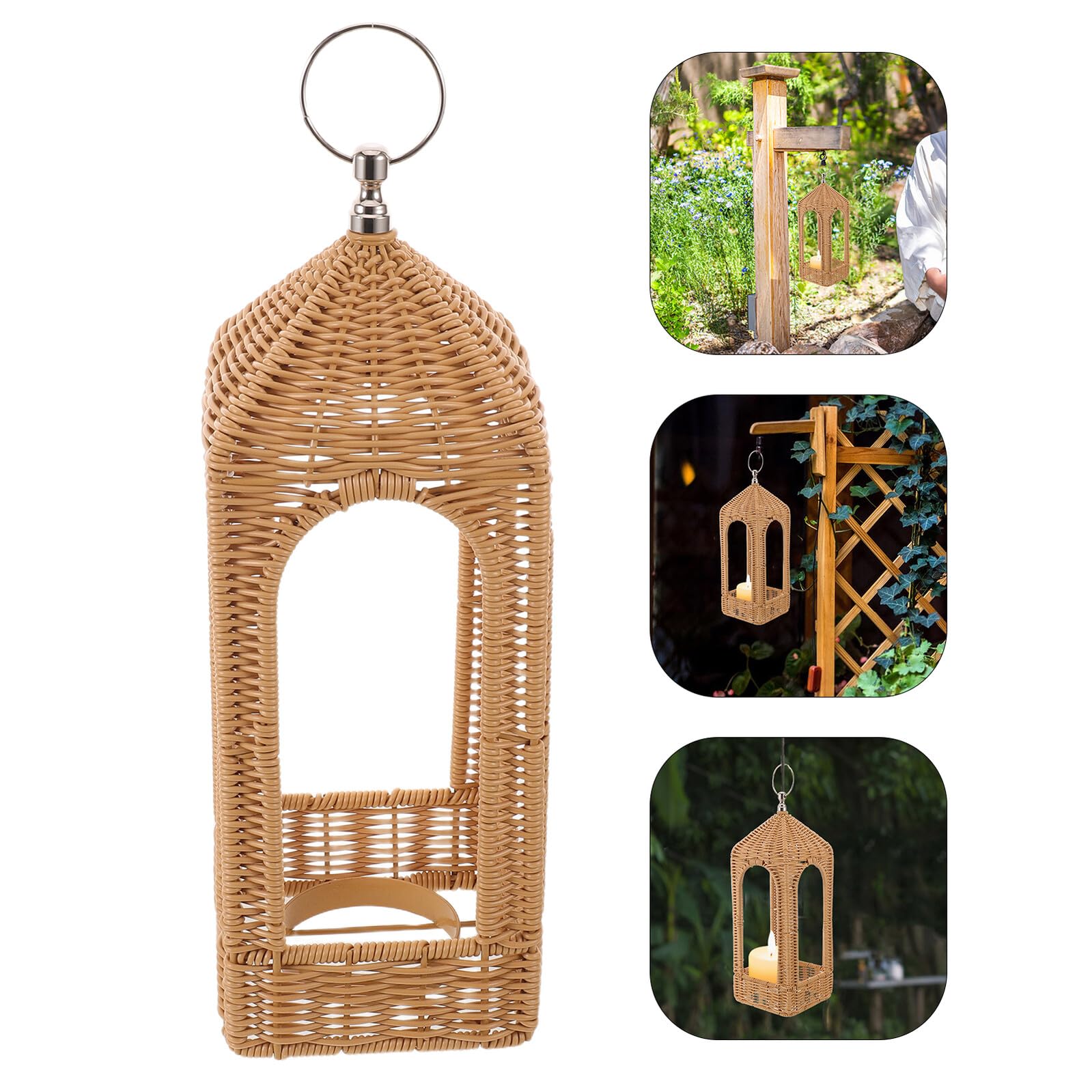 Generic Boho Rattanowa Latarnia z Uchwytem Ręcznie Pleciony Abażur z PE Wikliny Dekoracyjny Świecznik Patio i Do Wnętrz Odporny Warunki Atmosferyczne Rustykalny Design