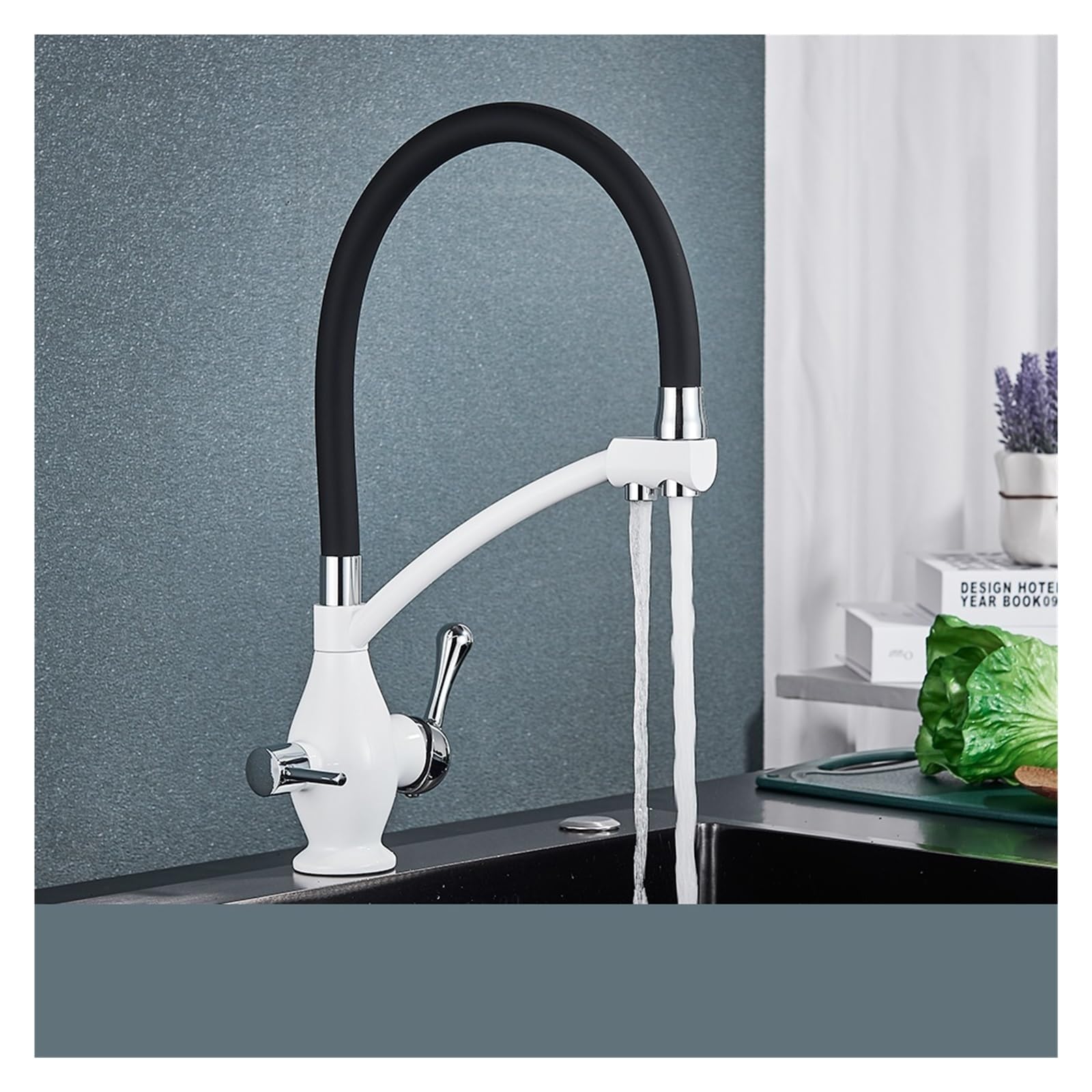 Robinet de cuisine 2 en 1 blanc et chrome avec double bec verseur pour eau filtrée