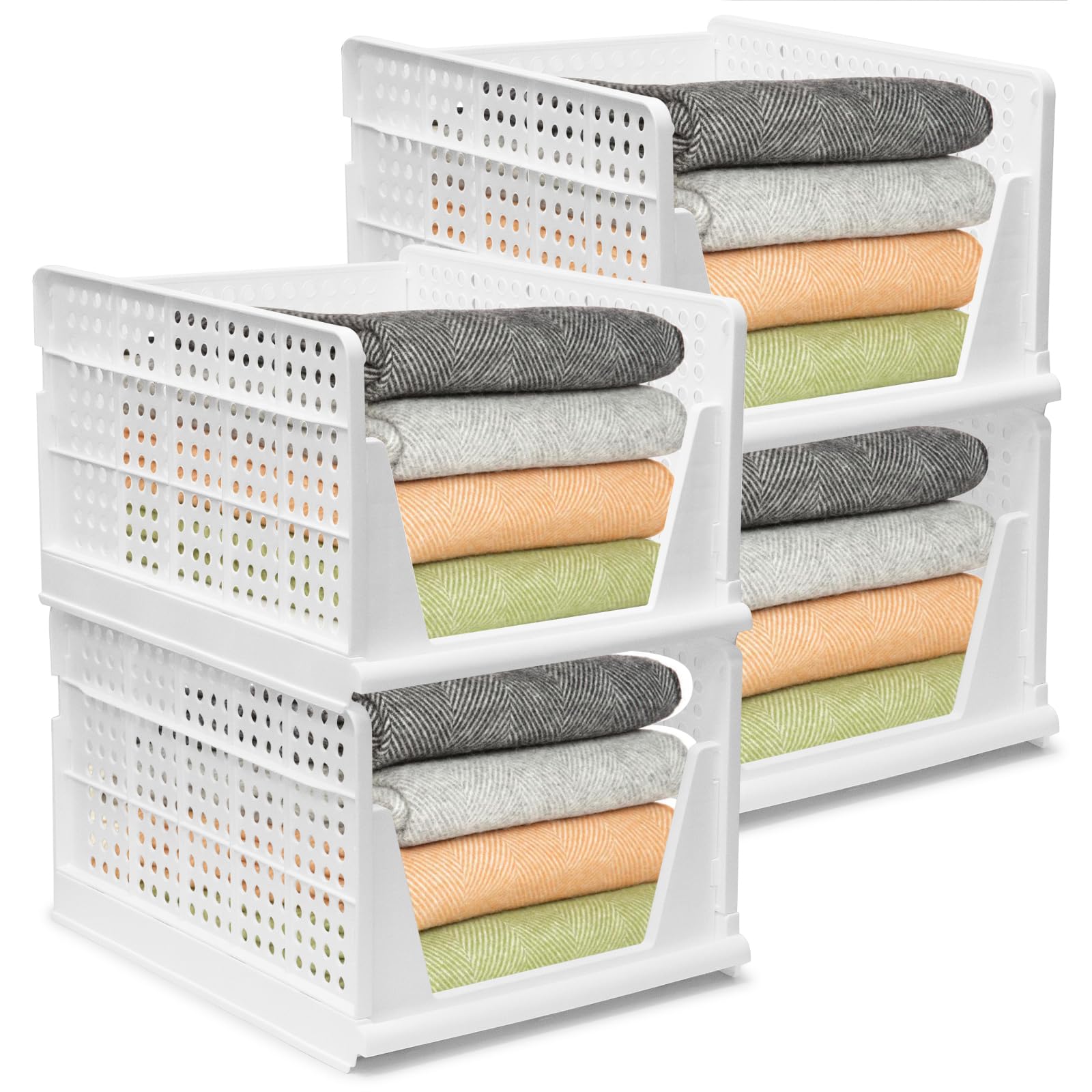 Organizador de almacenamiento para armario, 4 piezas cestas apilables grandes – 43x33,5x25cm, contenedores de almacenamiento de plástico para armario, hogar, oficina, lavandería, ropa