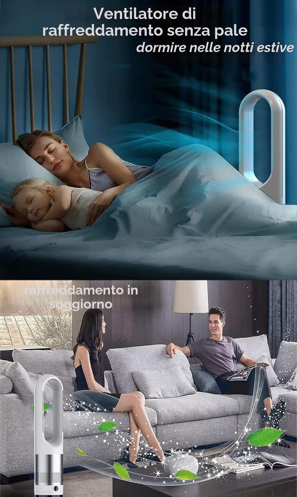Termoventilatore Senza Pale Torre Calda Fredda purificatore d'Aria Telecomando Timer 8ore velocità oscillante 18" 80°ventilatori circolanti Interni Ufficio Camera Letto casa