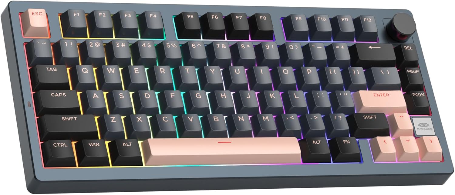 MageGee 75% Wireless Creamy Keyboard with Knob, Tri-Mode 2.4G/USB-C/BT RGB Backlit, Gasket Hot Swappable Custom Gaming Keyboard for Win/Mac/PC, Side Printed PBT Keycaps, Purple