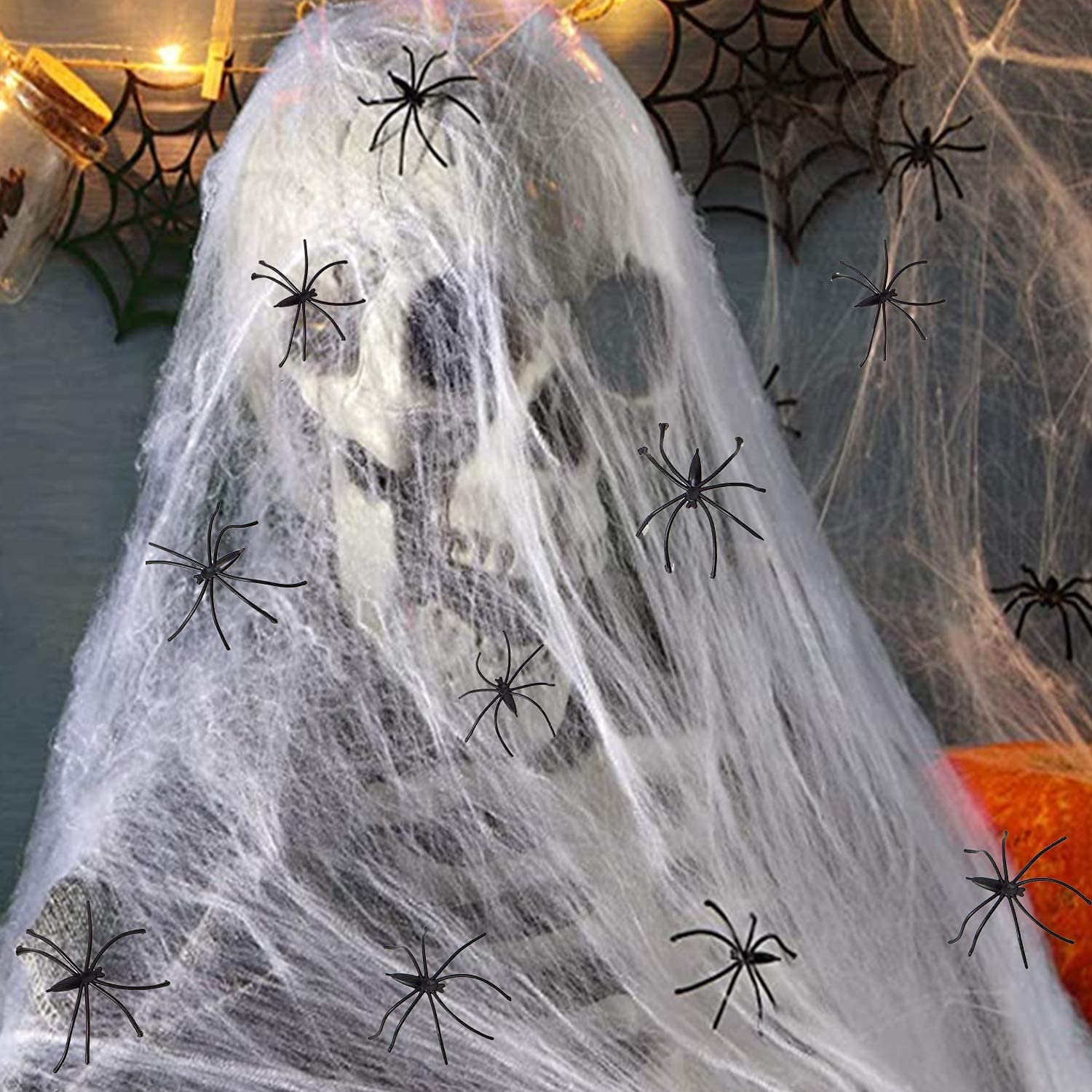 Déco Halloween Toiles D'araignée Fluorescentes 300g Avec 100 Fausses Araignées - Pour Maison Hantée Intérieur/extérieur