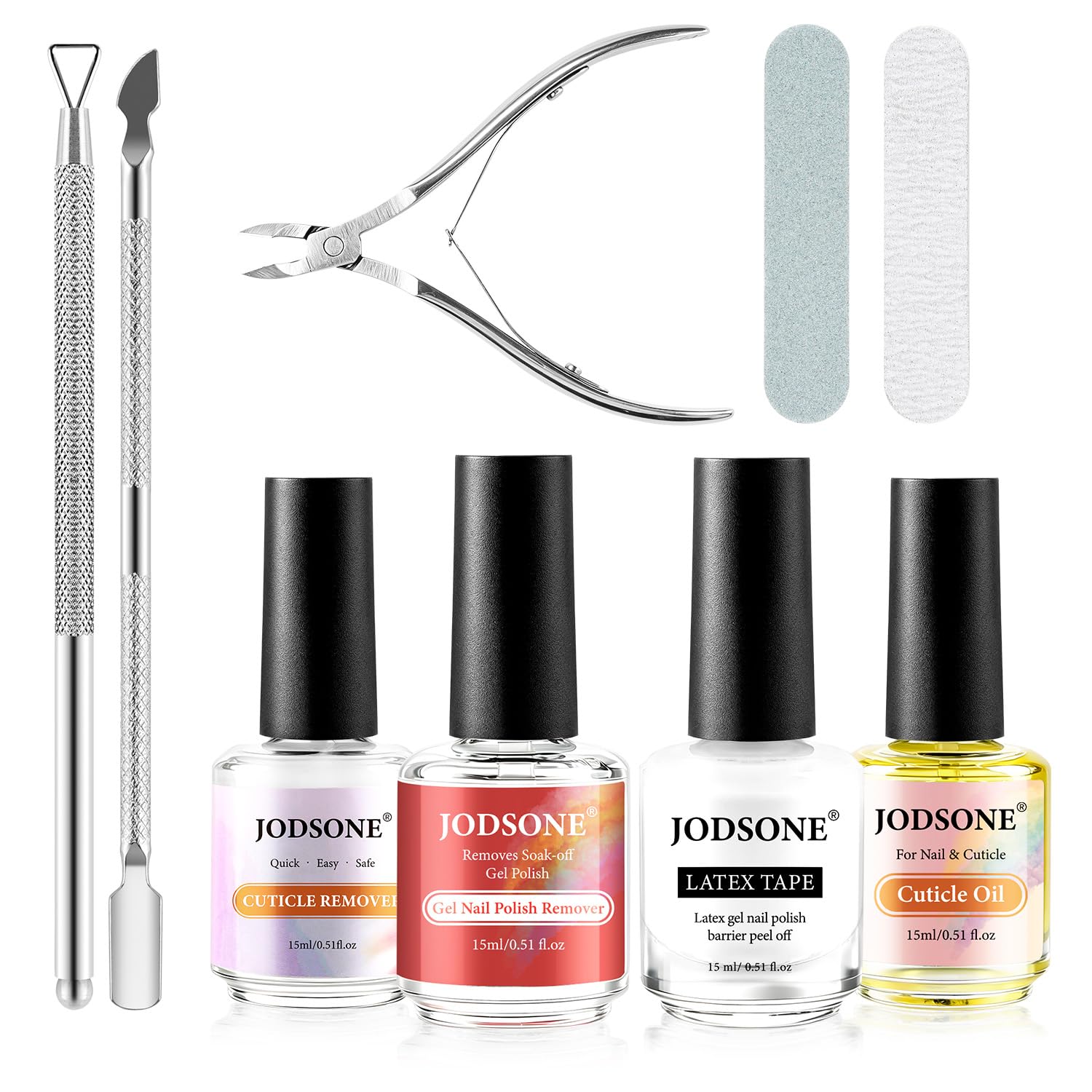 JODSONE Gel Nail Polish Remover Kit Set with 15ml Gel Nail Polish Remover,Cuticle Oil,Latex Tape,Cuticle Removers Liquid,Cuticles Trimmer,Removers Manicure Tool Set for Home Use,No Soaking Wrapping