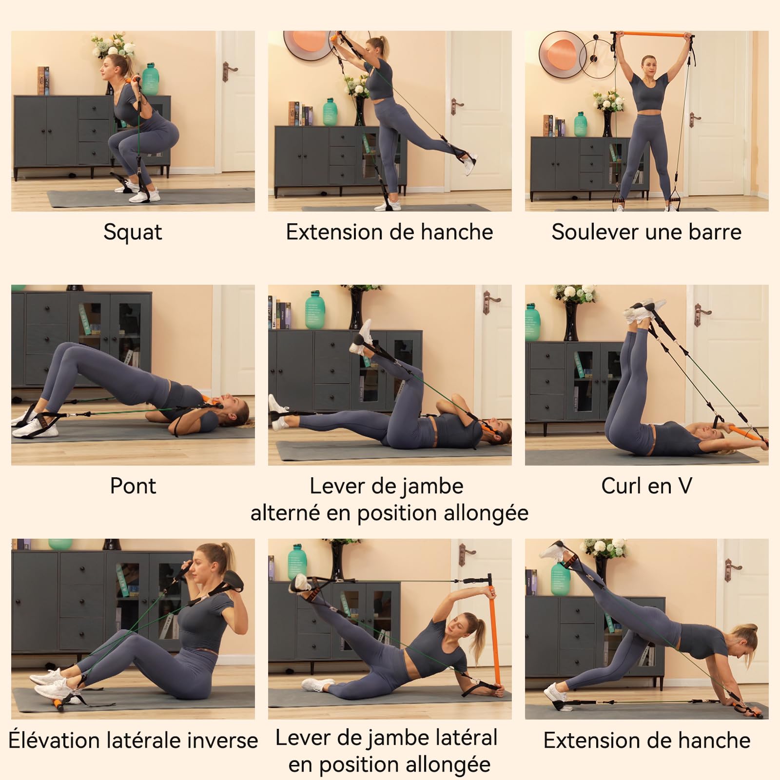 Hommie Elastique Musculation Barre de Pilates avec 6 Bandes Elastiques 20-220LBS Longueur Réglable & Ancrage de Porte pour Femme Homme 150-180CM Elastique Sport Fitness Yoga Étirement Squat