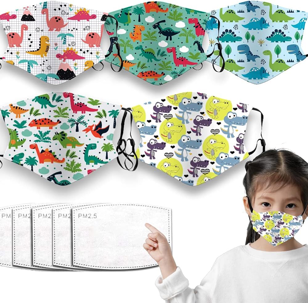 Boxgear Dino Kids Face Bandana Mask Pack of 5 Cute Childrens Reusable Gauze Mask Cover Multicolored Protective Covering for Girls u0026 Boys -