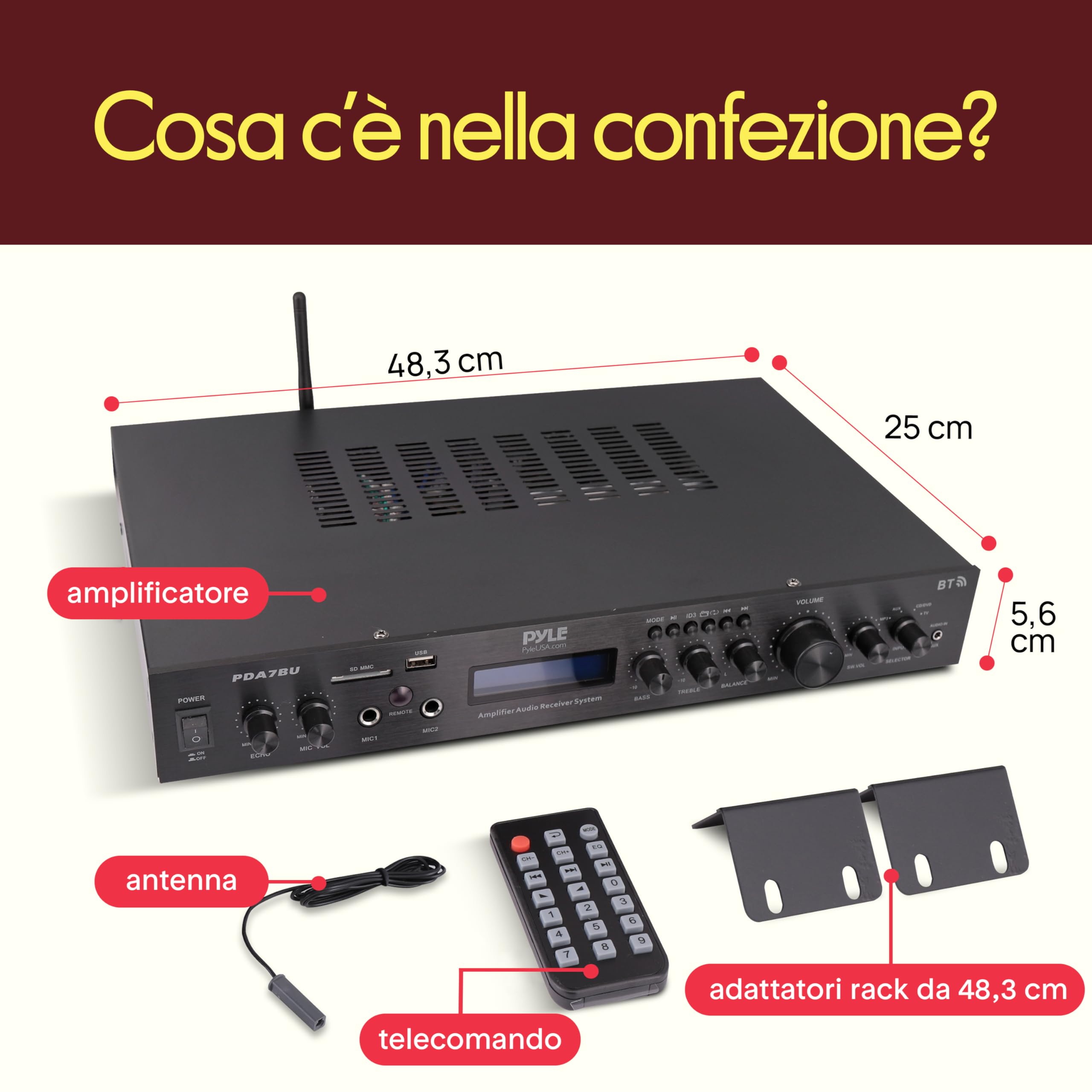 Pyle Ricevitore Bluetooth a 5 Canali, Amplificatore Audio per Home Theater, Streaming senza Fili, MP3/USB/SD/AUX/FM, 200 Watt, Display LCD ID3, Nero