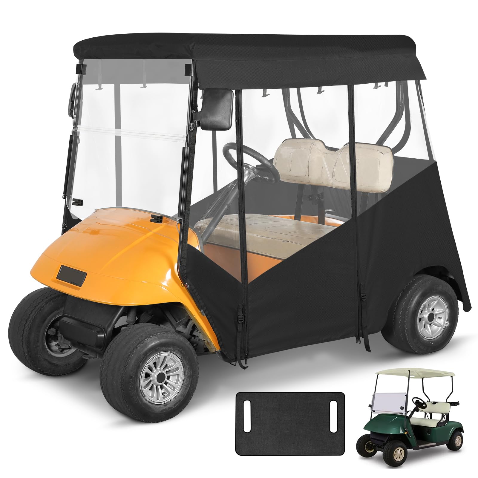 WEIMELL 2 Passenger Golf Cart Enclosure for EZGO TXT 2-Seater Open Front Windshield Roll-up Door 3-Sided Clear Windows Mirror Zipper Waterproof Transparent Driving Rain Cover Black (with Seat Towel) โ image 1