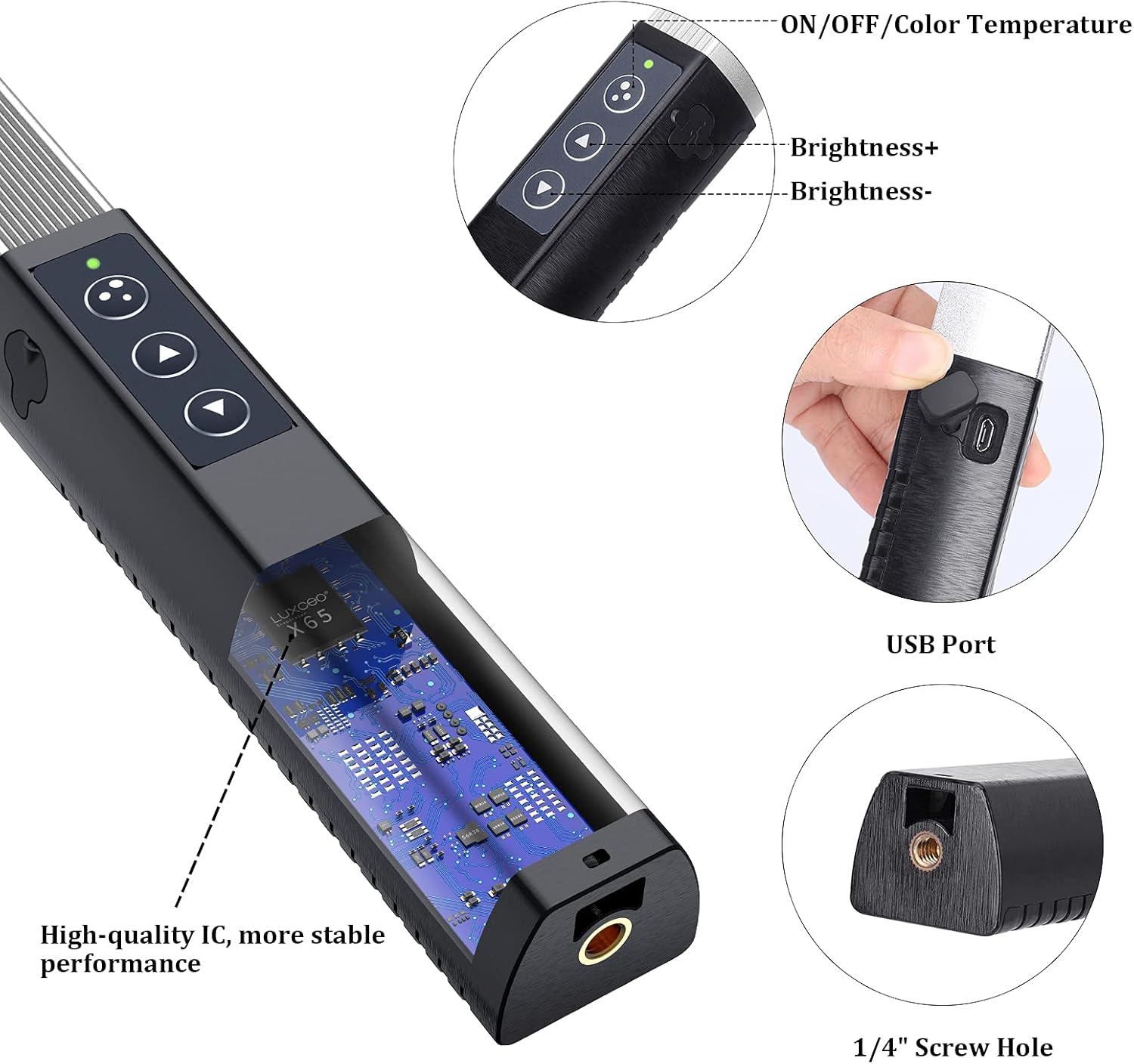 Detailed view of LUXCEO Q508A light controls and ports