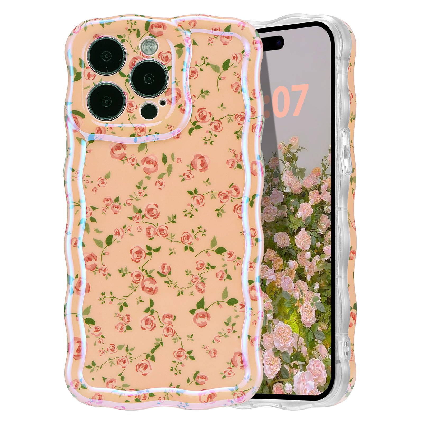 EYZUTAK Case for iPhone 15 Pro, Cute Rose Flower Laser Glossy Pattern Curly Wave Border Exquisite Floral Painting Phone Cover Durable Soft TPU Protective Case for Girls Women - Pink Flower/Pink
