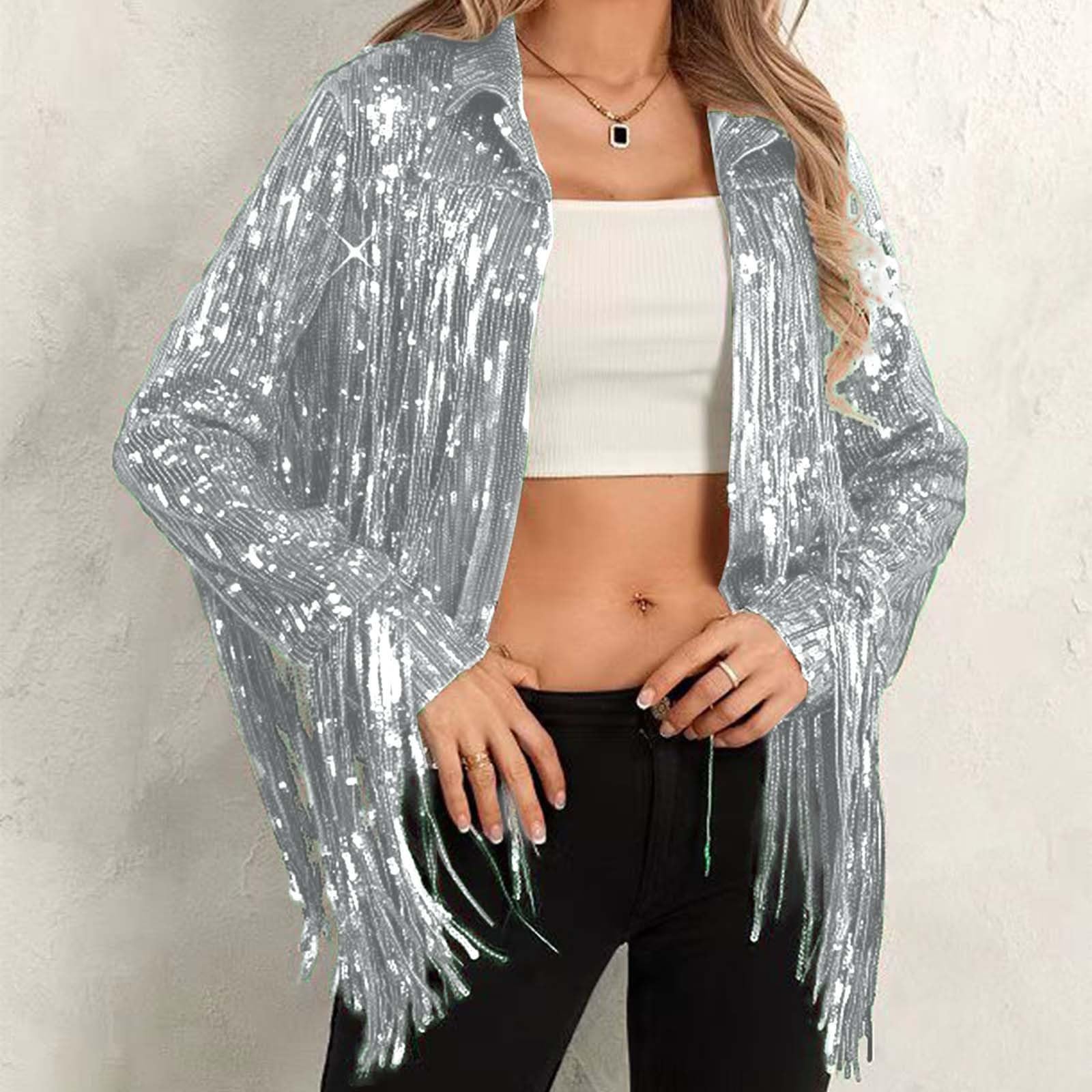 Damen Pailletten Jacke mit Fransen Glitzer Cardigan Langarm Blazer Offene Vorderseite Party Jacken 70er Jahre Disco Outfit für Karneval Fasching Festival Clubwear 2026