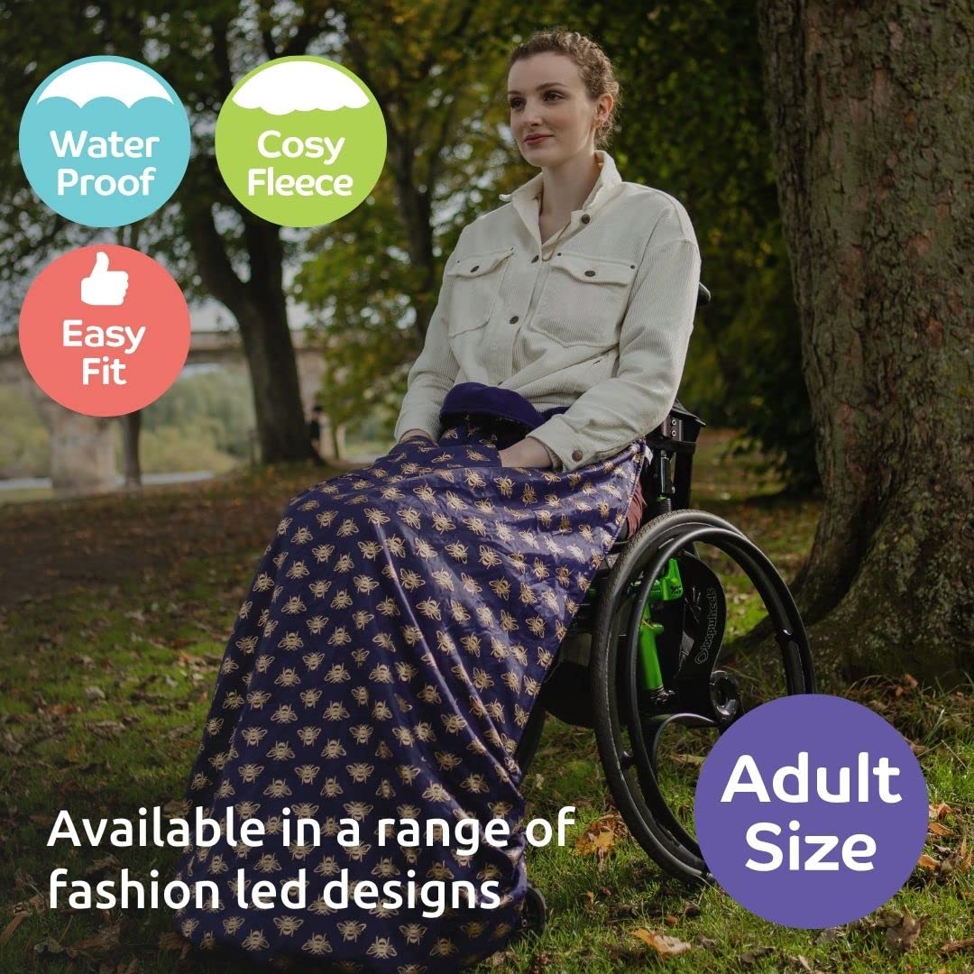 BundleBean - Housse douillette doublée en polaire pour fauteuil roulant (abeilles dorées) – Taille adulte 100 % imperméable – Housse de pluie pour les utilisateurs de fauteuil roulant, ajustement