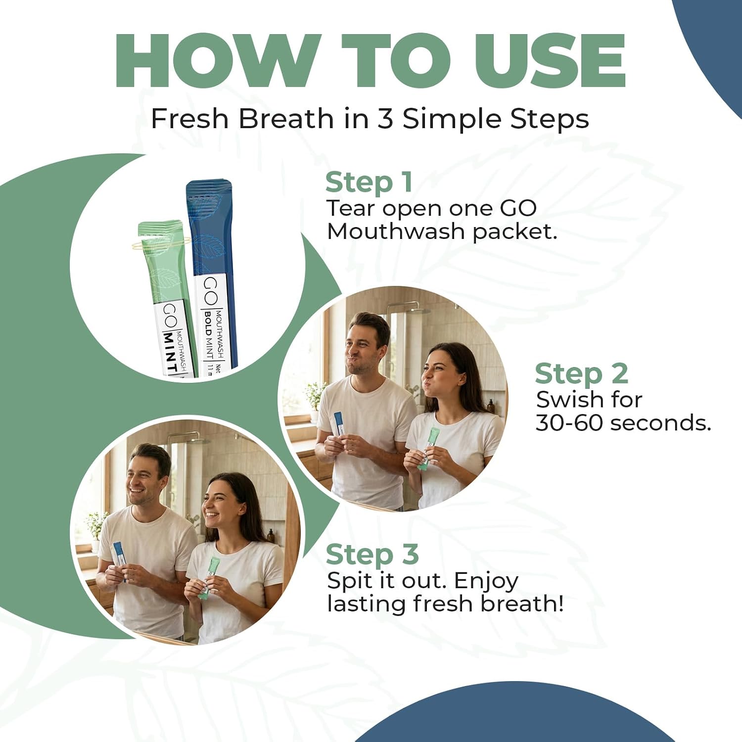 Bold Mint GO Travel Size Mouthwash Packets – Individual Mini Mouthwash for Fresh Breath - Smart Single Packet Design to Reduce Travel Bottle Waste.