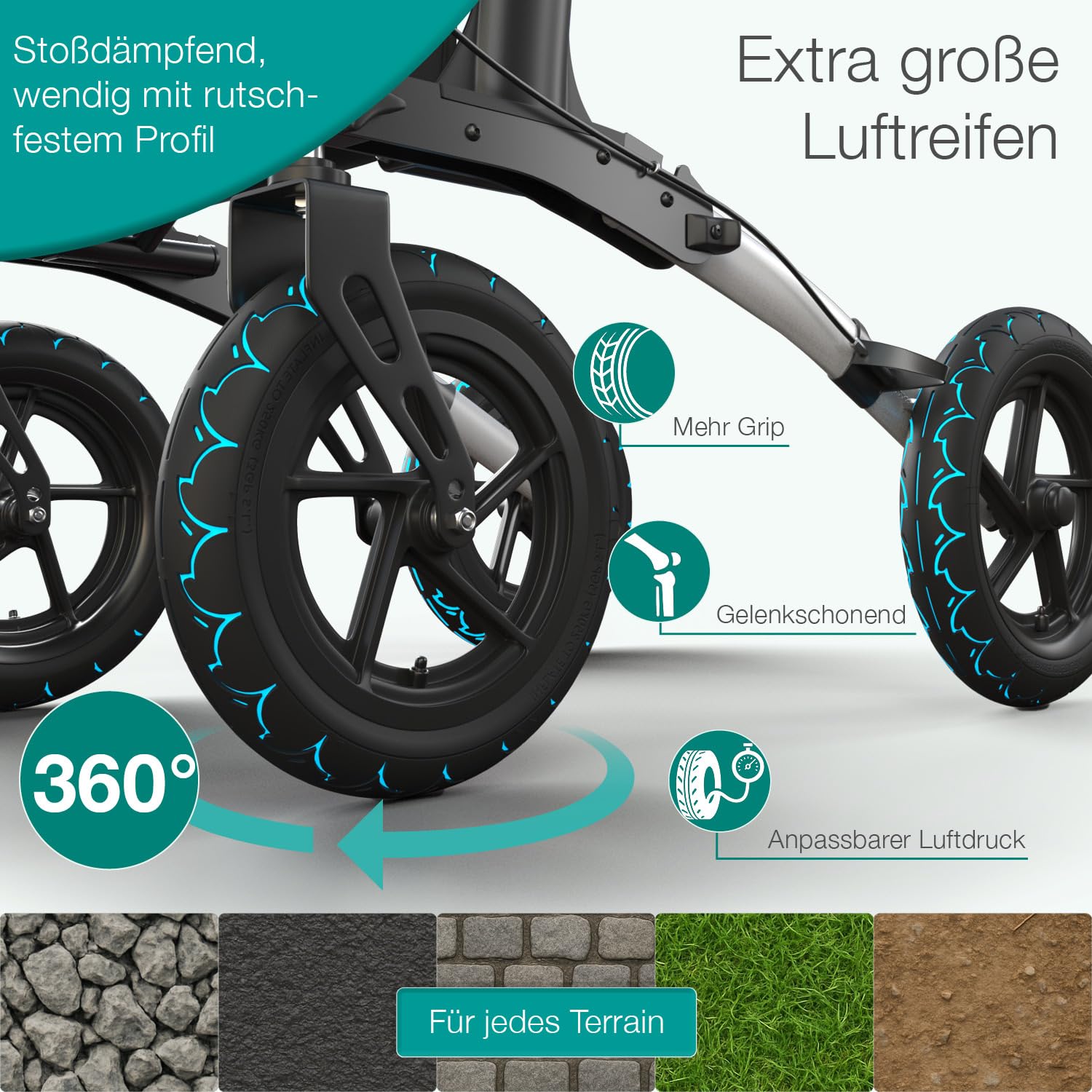 ELONEO Rollator faltbar und leicht mit Sitz, Outdoor Rollator mit Luftbereifung inkl. Sitzfläche, Rückengurt, höhenverstellbare Gehhilfe aus Aluminium inkl. Tasche und Stockhalter Silber
