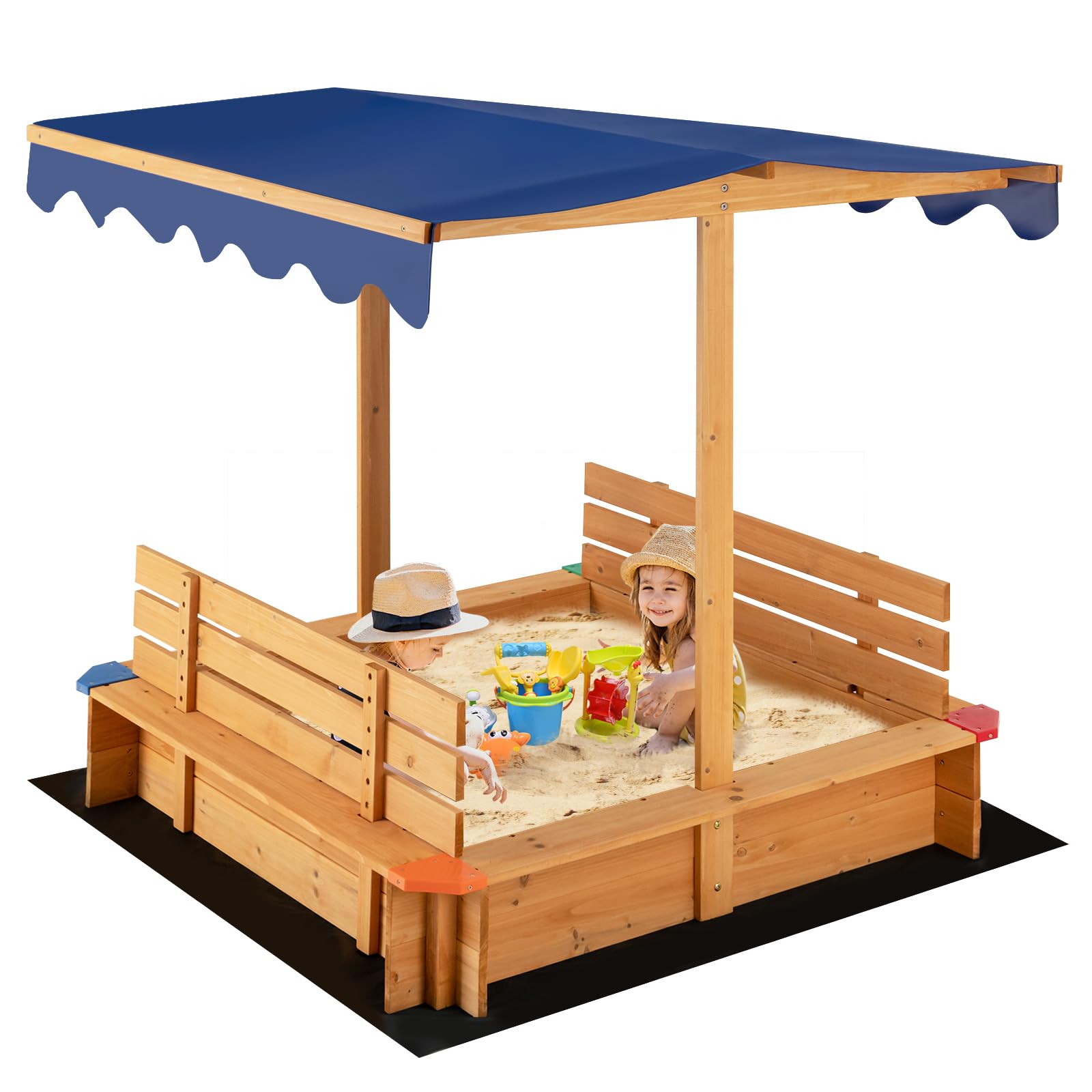 COSTWAY Kids Sandbox, Wooden Square Sandpit with Canopy, Built-in Bench Seat, Bottom Liner, Outdoor Sand Box for Backyard Garden Beach