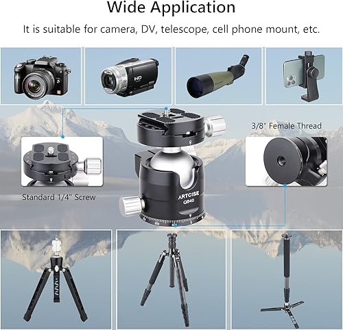 Miniatura 5 de Cabeza de trípode de cámara de perfil bajo con 2 placas de liberación rápida Arca de 1.575 in de aluminio 360 giratorio de cabeza de bola panorámica