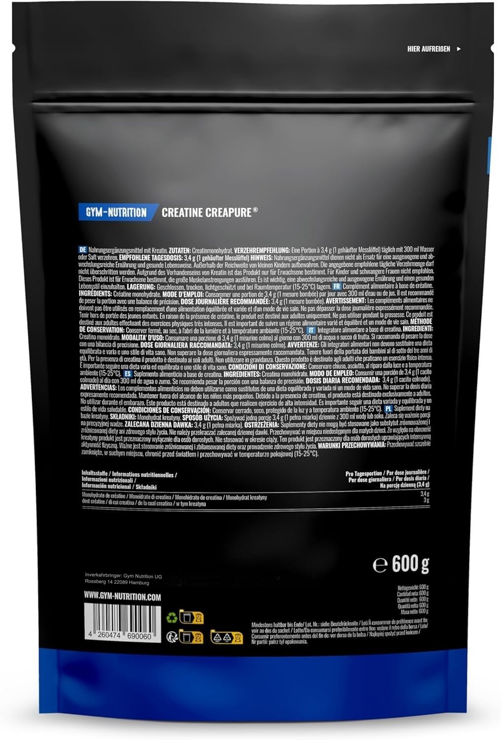 Creapure® Creatine Monohydrat Pulver 600g - Kreatin Monohydrat - Hochdosiert - Vegan - In Deutschland abgefüllt